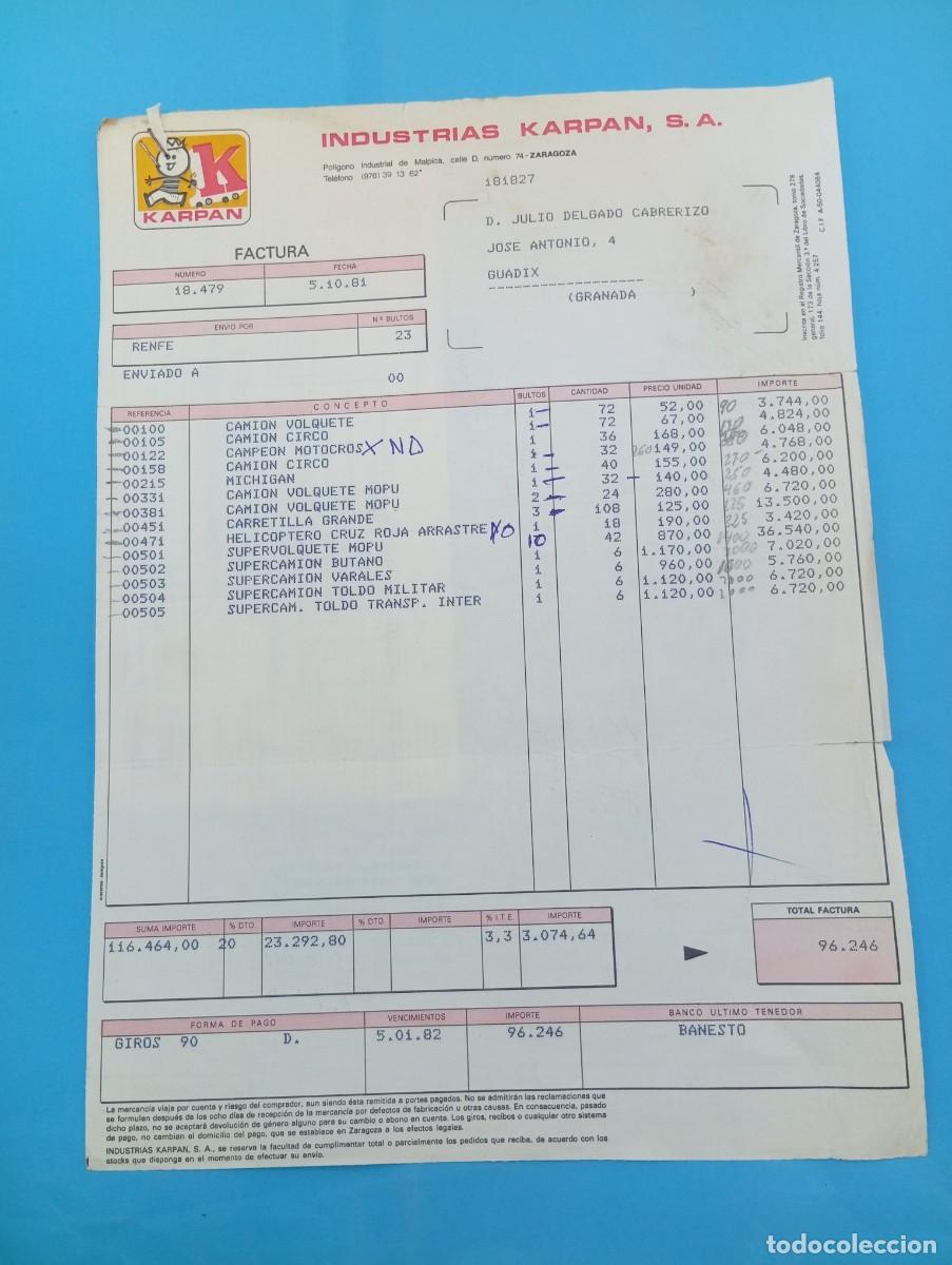Juguetes antiguos: FACTURA Y LETRA DE CAMBIO DE JUGUETES. INDUSTRIAS KARPAN, S.A. ZARAGOZA, 1981.