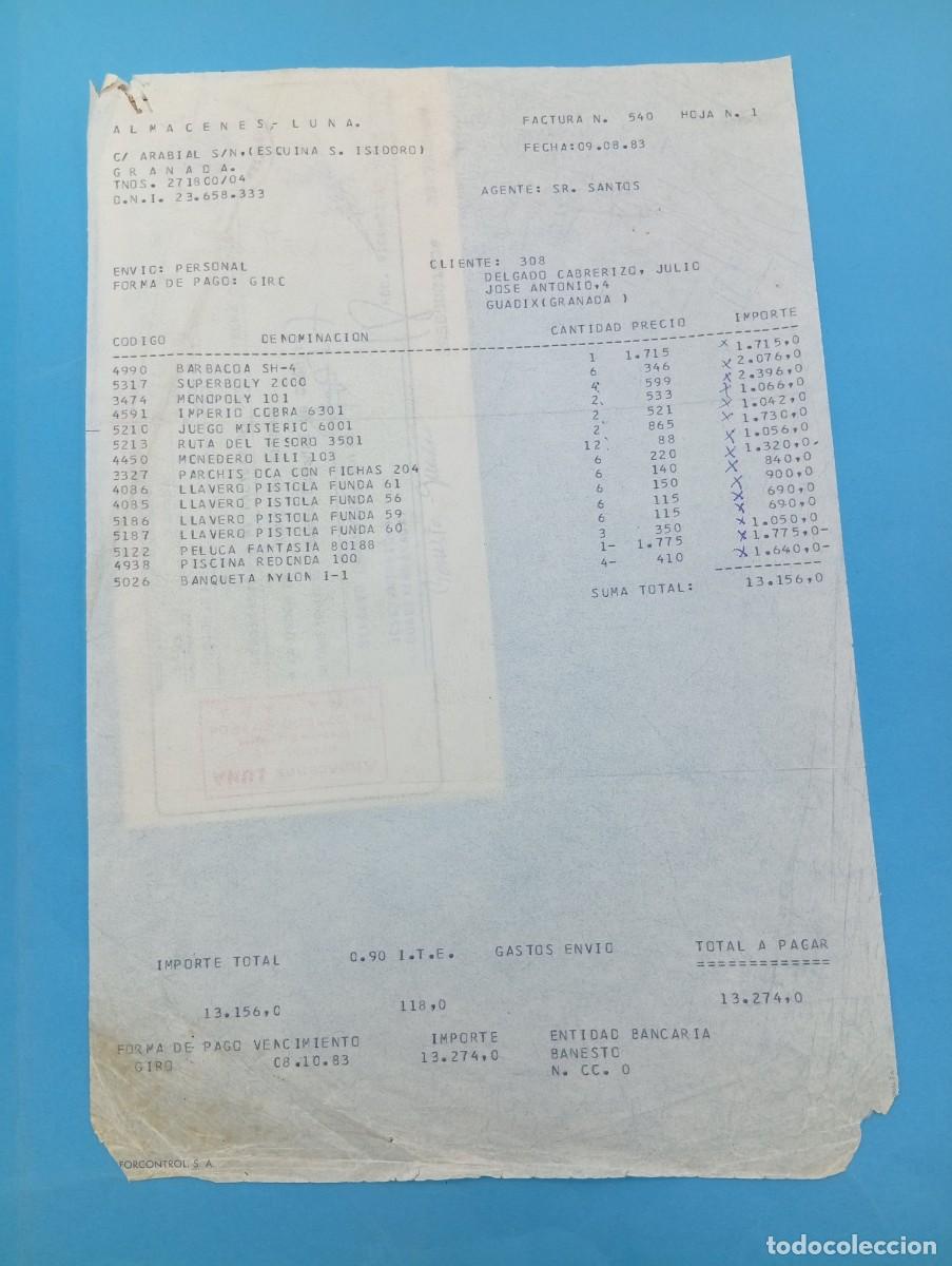 Juguetes antiguos: FACTURA Y LETRA DE CAMBIO DE JUGUETES. ALMACENES LUNA. GRANADA, 1983.