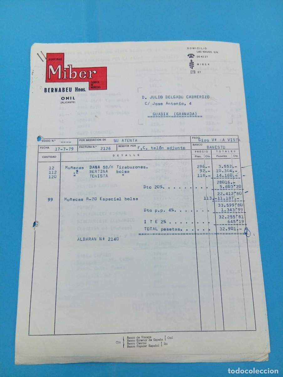 Juguetes antiguos: FACTURA Y LETRA DE CAMBIO DE JUGUETES. INDUSTRIAS MIBER. ONIL, ALICANTE, 1979.