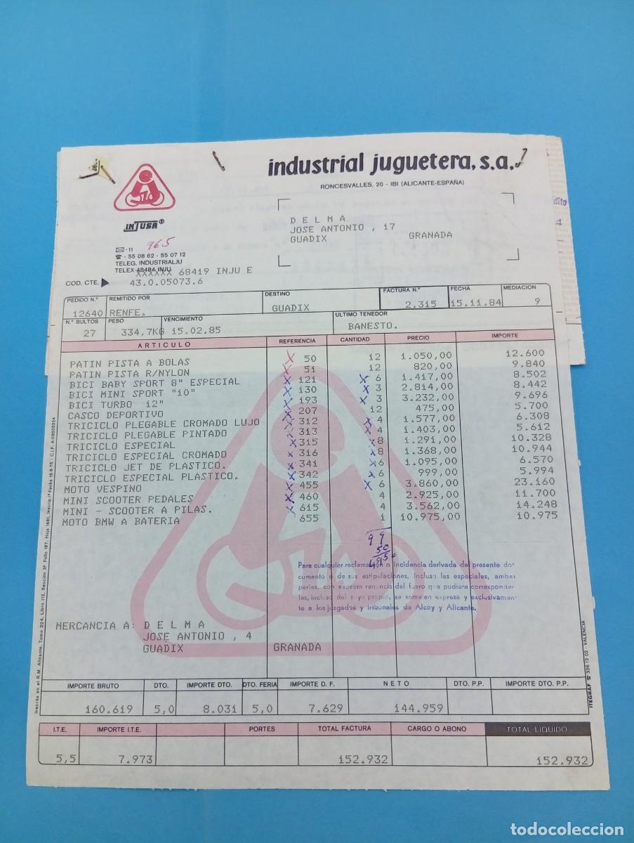 Juguetes antiguos: FACTURA Y LETRA DE CAMBIO DE JUGUETES. INJUSA. INDUSTRIAL JUGUETERA, S.A. IBI, ALICANTE, 1985.
