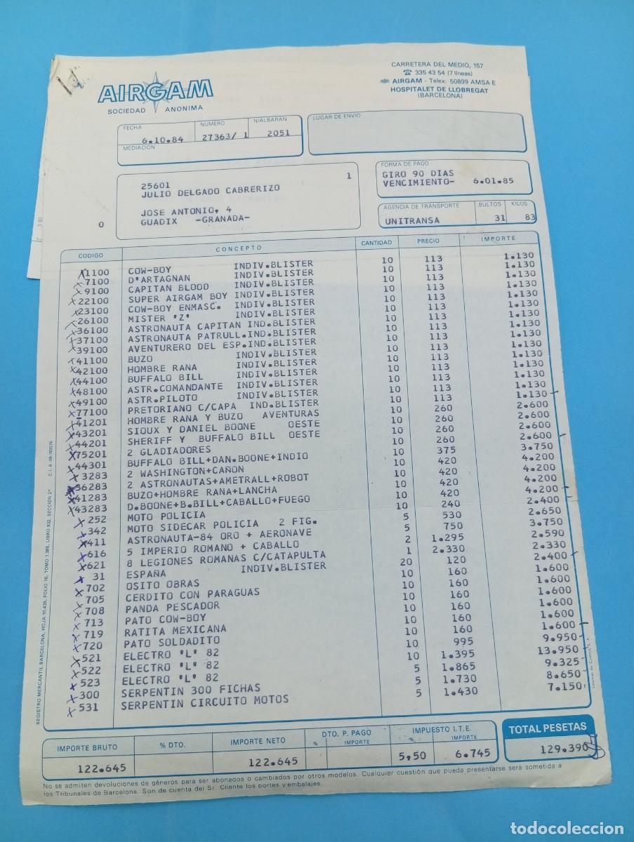 Juguetes antiguos: FACTURA Y LETRA DE CAMBIO DE JUGUETES. AIRGAM, S.A. HOSPITALET DE LLOBREGAT, BARCELONA, 1984.
