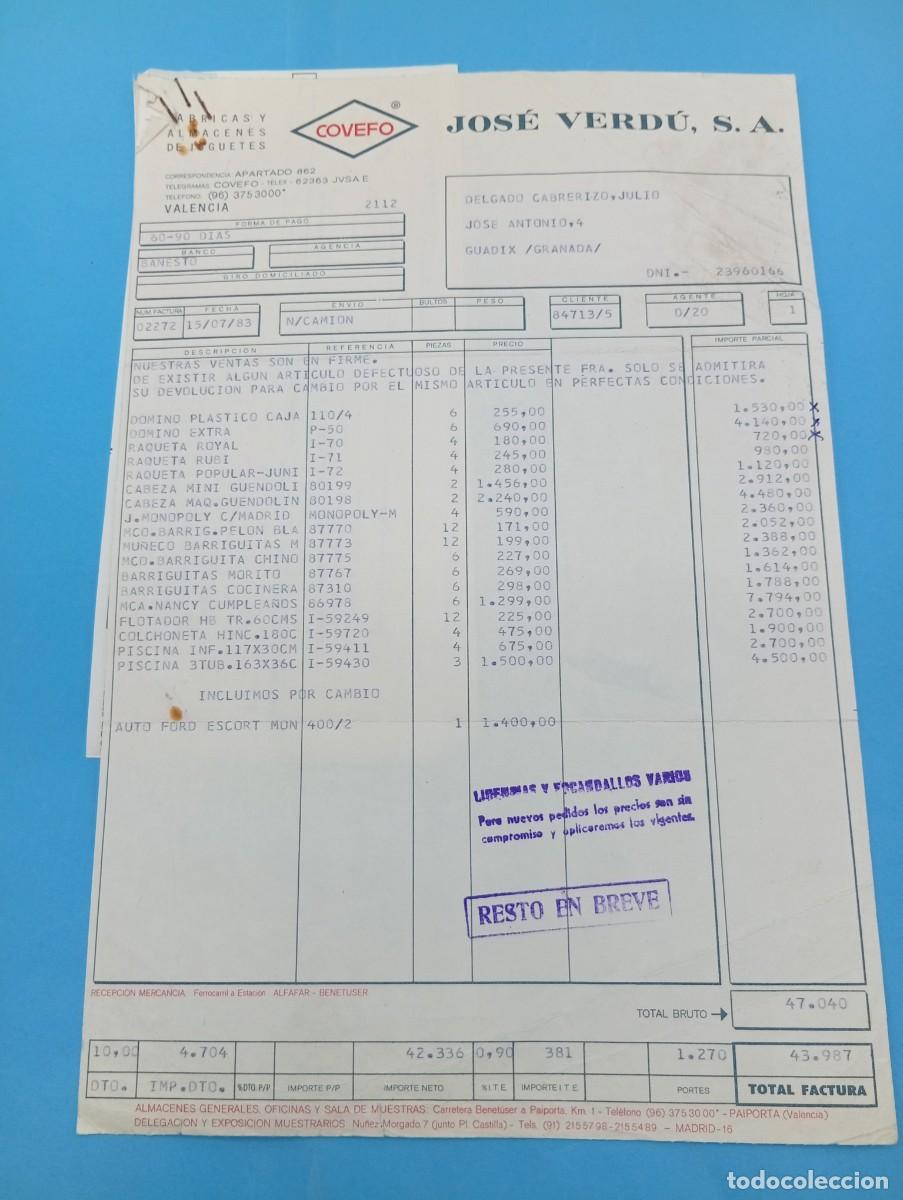 Juguetes antiguos: FACTURA Y LETRA DE CAMBIO DE JUGUETES. COVEFO. JOSE VERDU, S.A. PAIPORTA, VALENCIA, 1983.