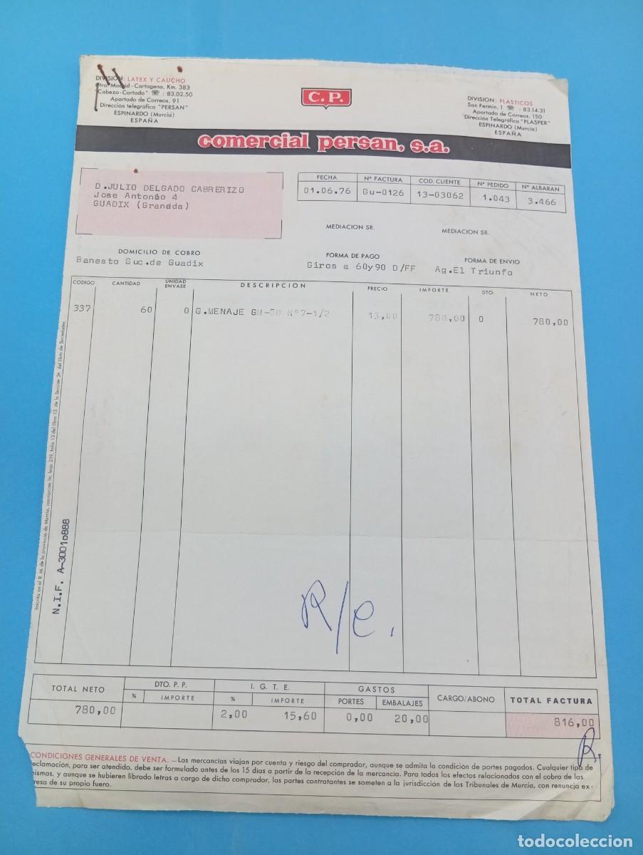 Juguetes antiguos: FACTURA Y LETRA DE CAMBIO DE JUGUETES. COMERCIAL PERSAN, S.A. ESPINARDO, MURCIA, 1975.