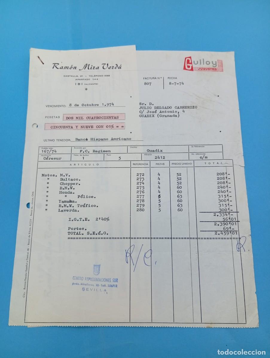 Juguetes antiguos: FACTURA Y LETRA DE CAMBIO DE JUGUETES. GUILOY JUGUETES. RAMON MIRA VERDU. IBI, ALICANTE, 1974.