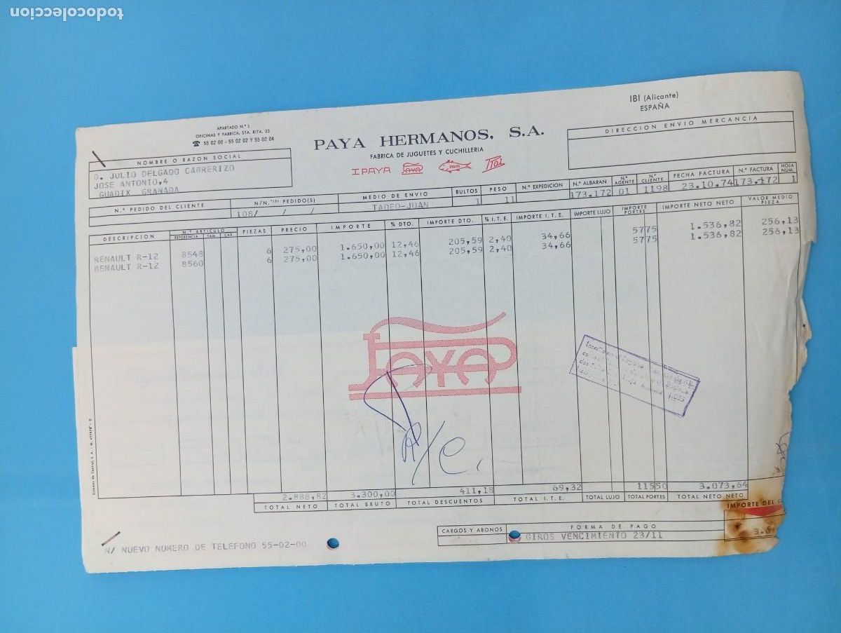 Juguetes antiguos: FACTURA Y LETRA DE CAMBIO DE JUGUETES. PAYA HNOS, S.A. FABRICA DE JUGUETES. IBI, ALICANTE, 1974.