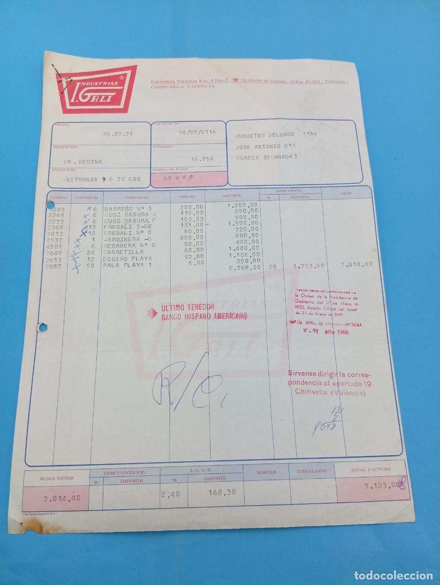 Juguetes antiguos: FACTURA Y LETRA DE CAMBIO DE JUGUETES. INDUSTRIAS I. GALI S.A. CHIRIVELLA, VALENCIA, 1974.