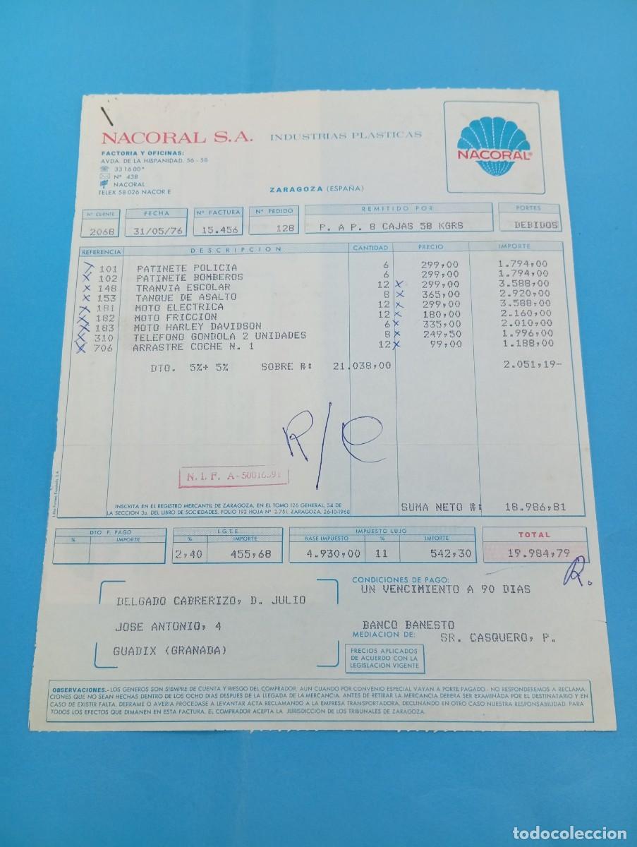 Juguetes antiguos: FACTURA Y LETRA DE CAMBIO DE JUGUETES. NACORAL S.A. INDUSTRIAS PLASTICAS. ZARAGOZA, 1976.