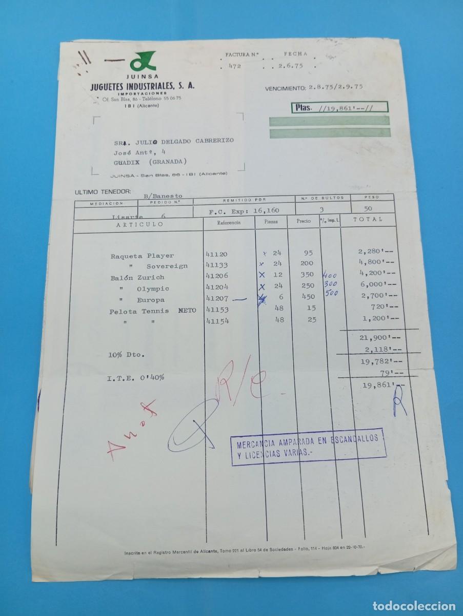 Juguetes antiguos: FACTURA Y LETRA DE CAMBIO DE JUGUETES. JUINSA. JUGUETES INDUSTRIALES, S.A. IBI, ALICANTE, 1975.