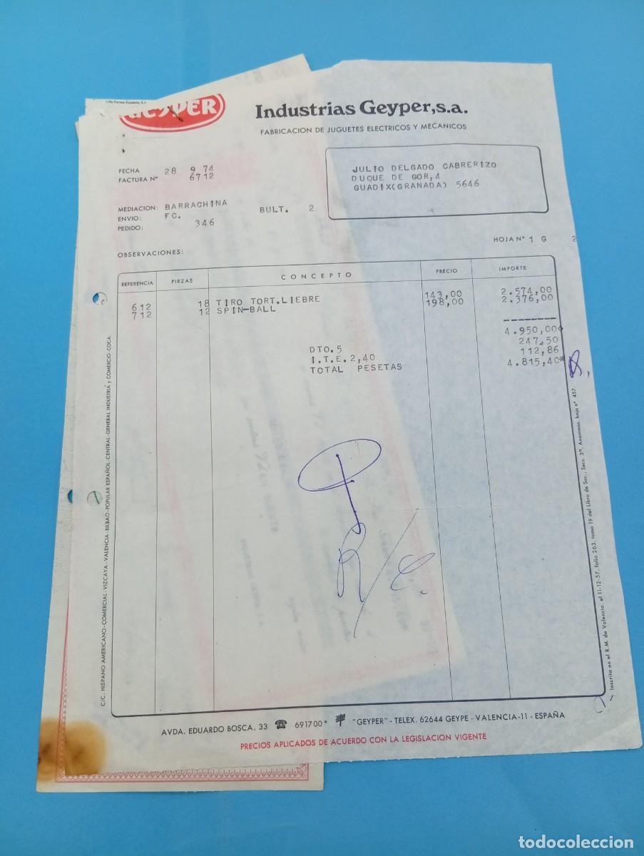 Juguetes antiguos: FACTURA Y LETRA DE CAMBIO DE JUGUETES. INDUSTRIAS GEYPER, S.A. JUGUETES ELECTRICOS. VALENCIA, 1974.