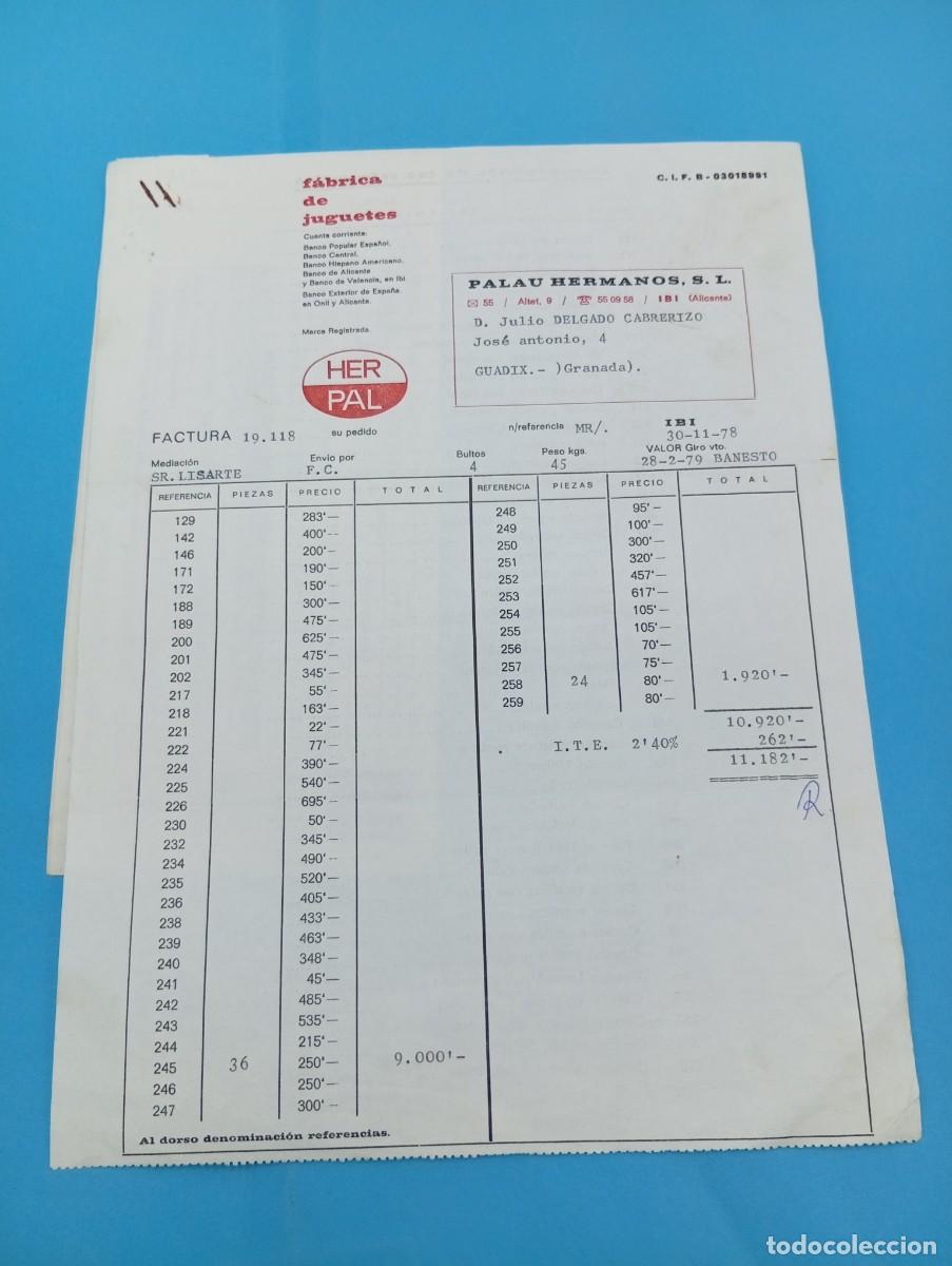 Juguetes antiguos: FACTURA Y LETRA DE CAMBIO DE JUGUETES. PALAU HERMANOS, S.L. FABRICA DE JUGUETES. IBI, ALICANTE, 1978
