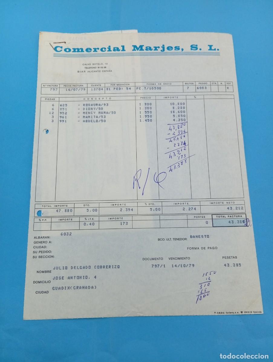 Juguetes antiguos: FACTURA Y LETRA DE CAMBIO DE JUGUETES. COMERCIAL MARJES, S.L. BIAR, ALICANTE, 1979.