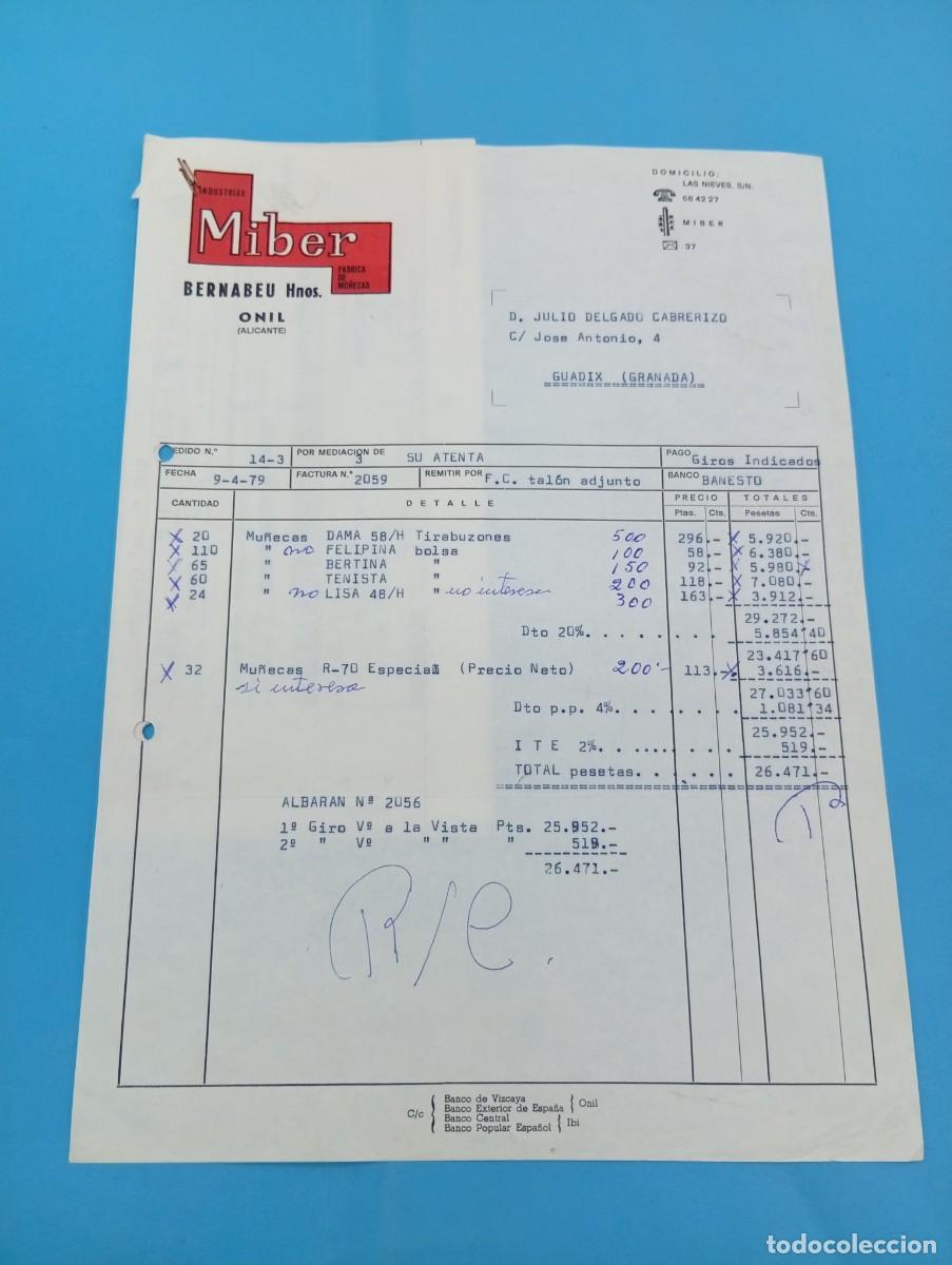 Juguetes antiguos: FACTURA Y LETRA DE CAMBIO DE JUGUETES. INDUSTRIAS MIBER. ONIL, ALICANTE, 1979.