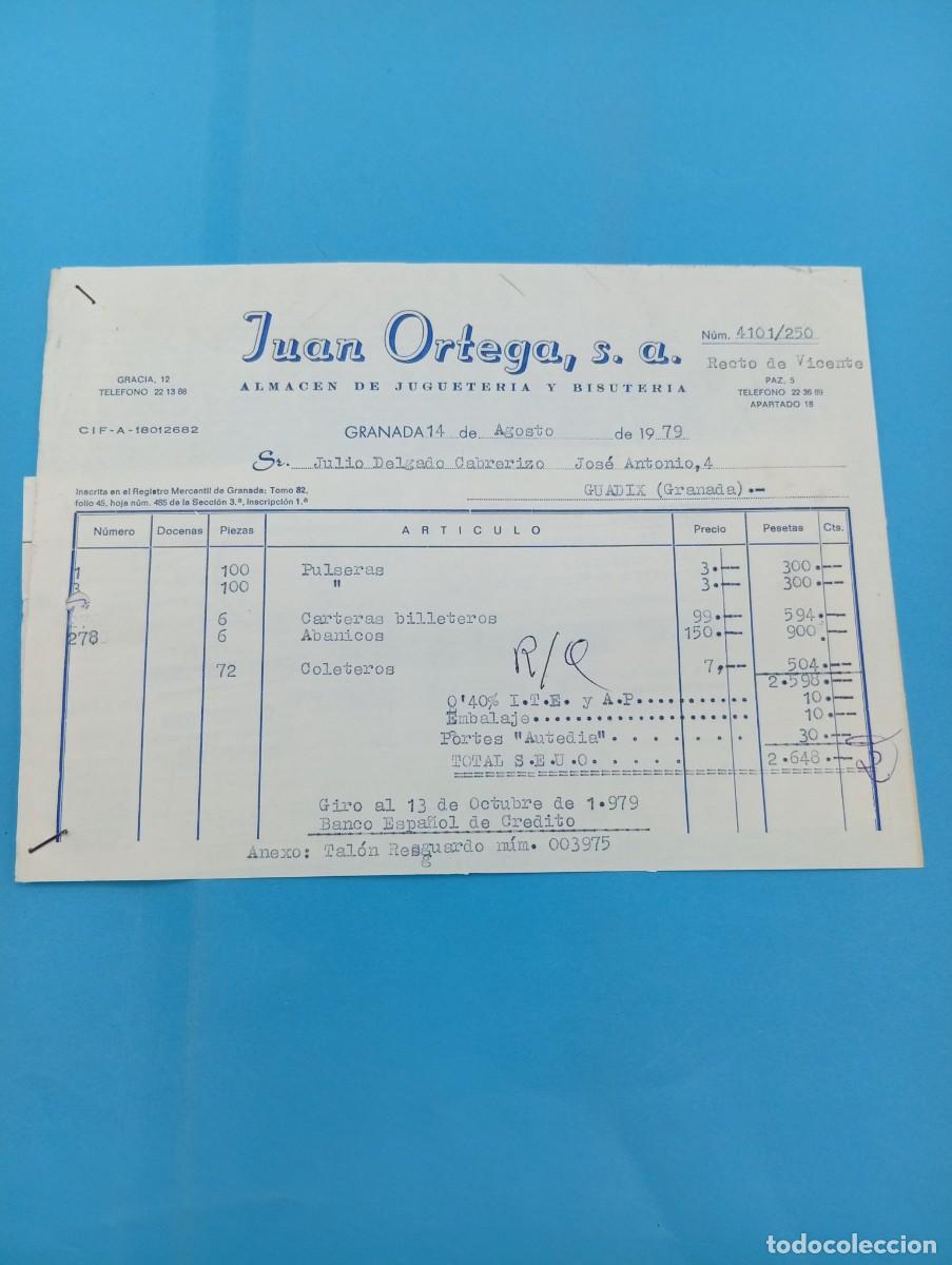 Juguetes antiguos: FACTURA Y LETRA DE CAMBIO DE JUGUETES. JUAN ORTEGA, S.A. ALMACEN DE JUGUETERIA. GRANADA, 1979.