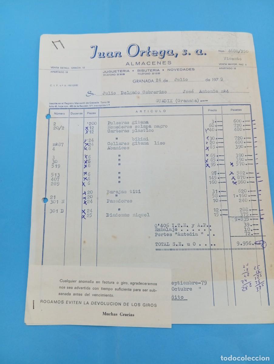 Juguetes antiguos: FACTURA Y LETRA DE CAMBIO DE JUGUETES. JUAN ORTEGA, S.A. ALMACEN DE JUGUETERIA. GRANADA, 1979.