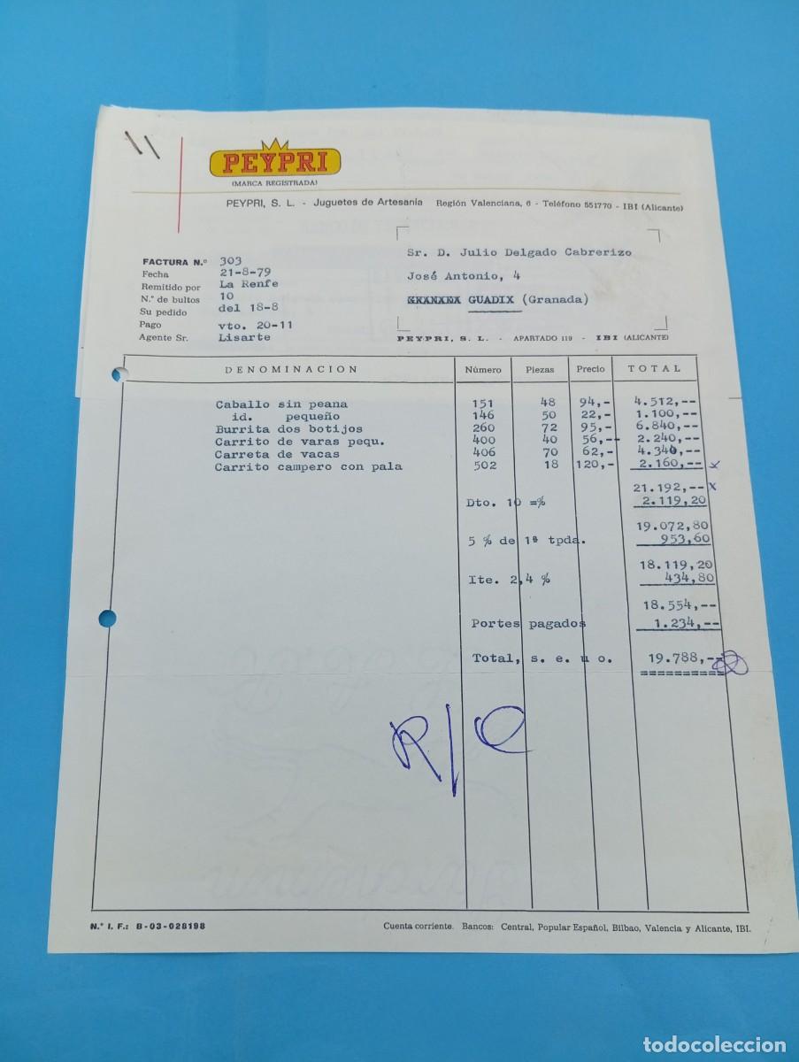 Juguetes antiguos: FACTURA Y LETRA DE CAMBIO DE JUGUETES. PEYPRI, S.L. JUGUETES DE ARTESANIA. IBI, ALICANTE. 1979.