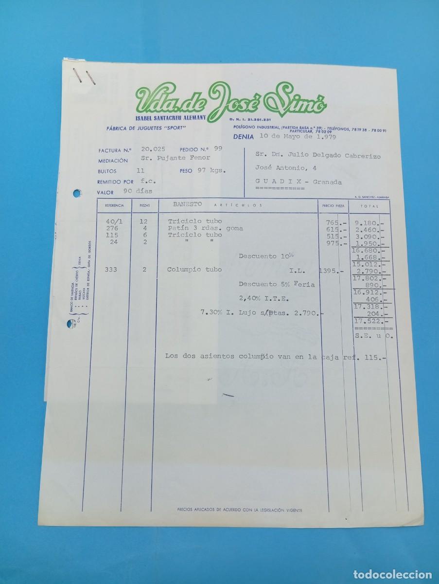 Juguetes antiguos: FACTURA Y LETRA DE CAMBIO DE JUGUETES. FABRICA DE JUGUETES SPORT. ISABEL SANTACREU. DENIA, 1979.