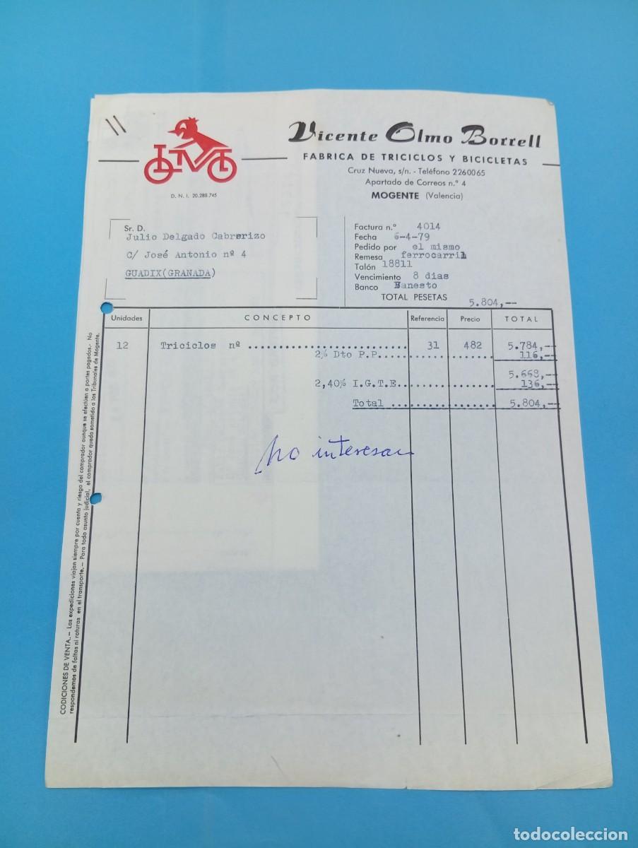 Juguetes antiguos: FACTURA Y LETRA DE CAMBIO DE JUGUETES. FABRICA DE TRICICLOS. VICENTE OLMO. MOGENTE, VALENCIA, 1979.