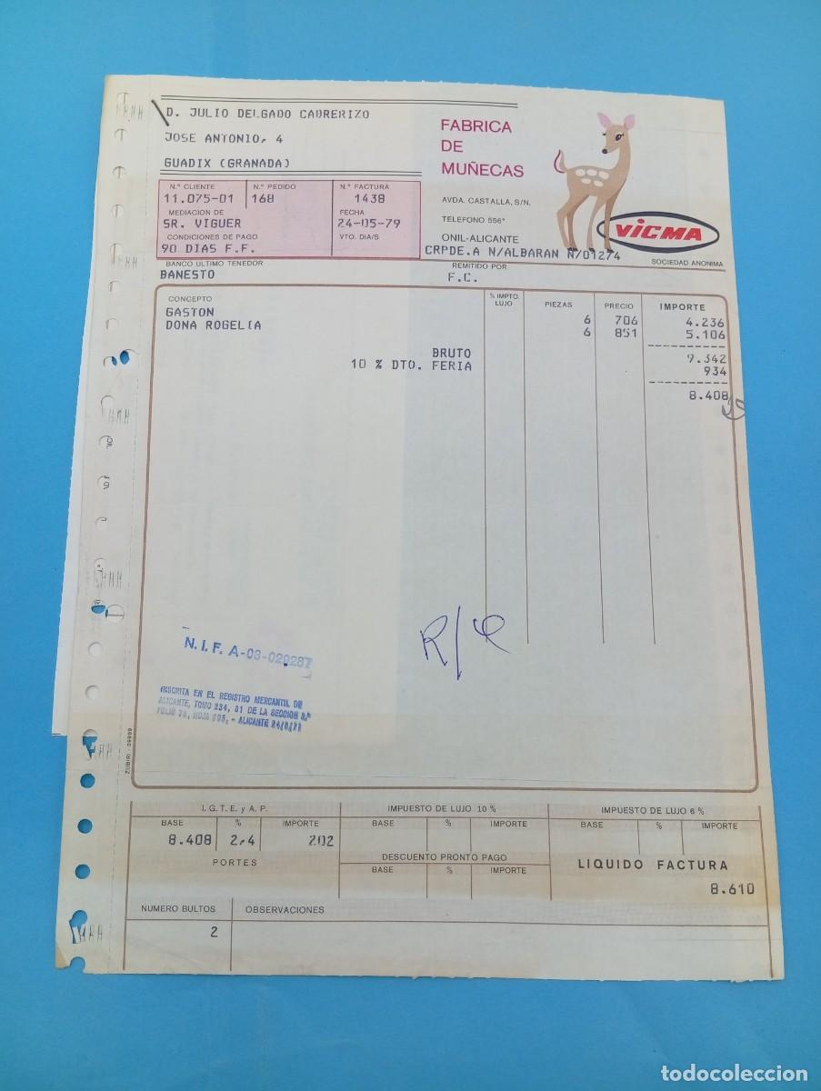 Juguetes antiguos: FACTURA Y LETRA DE CAMBIO DE JUGUETES. VICMA. FABRICA DE MU&Ntilde;ECAS. ONIL, ALICANTE, 1979.