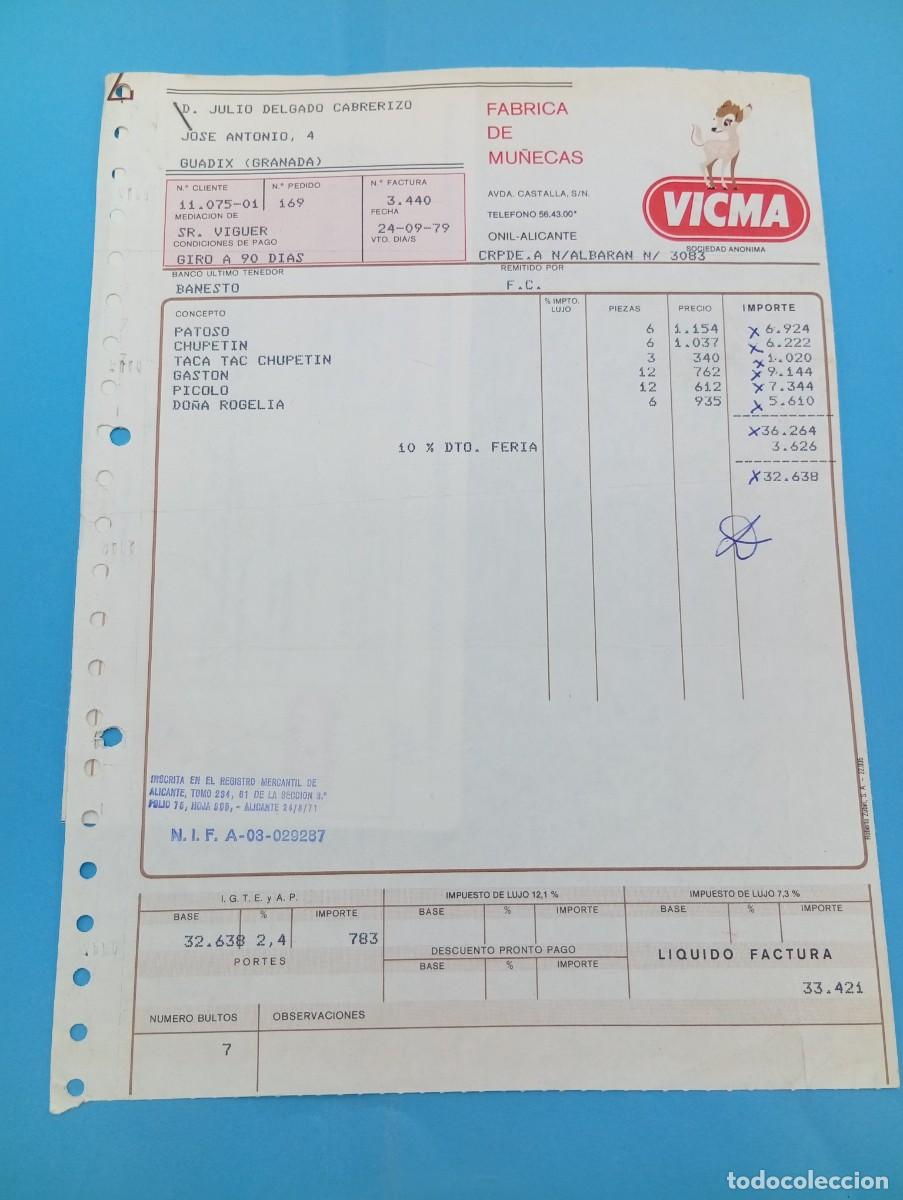 Juguetes antiguos: FACTURA Y LETRA DE CAMBIO DE JUGUETES. VICMA. FABRICA DE MU&Ntilde;ECAS. ONIL, ALICANTE, 1979.