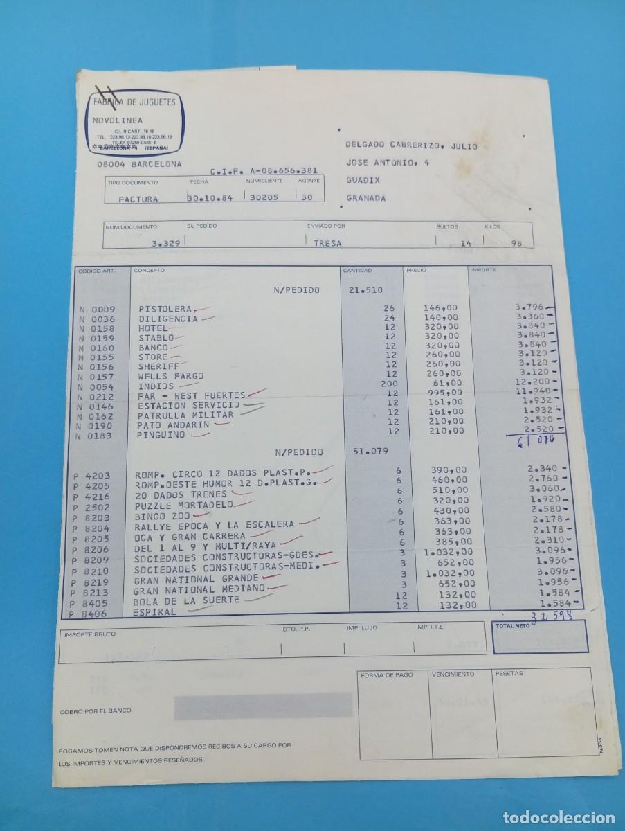Juguetes antiguos: FACTURA Y LETRA DE CAMBIO DE JUGUETES. FABRICA DE JUGUETES NOVILINEA. BARCELONA, 1984.