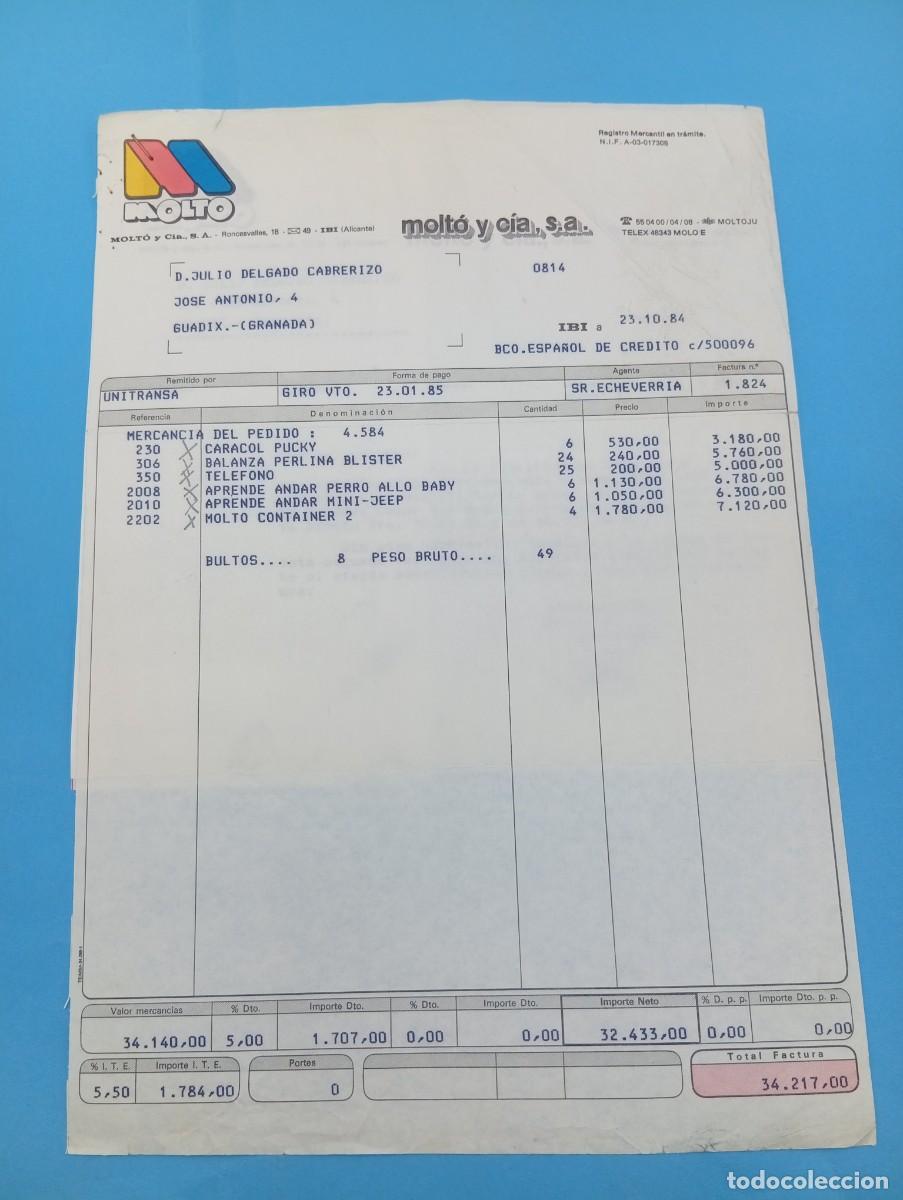 Juguetes antiguos: FACTURA Y LETRA DE CAMBIO DE JUGUETES. MOLT&Oacute; Y CIA, S.A. IBI, ALICANTE, 1984.