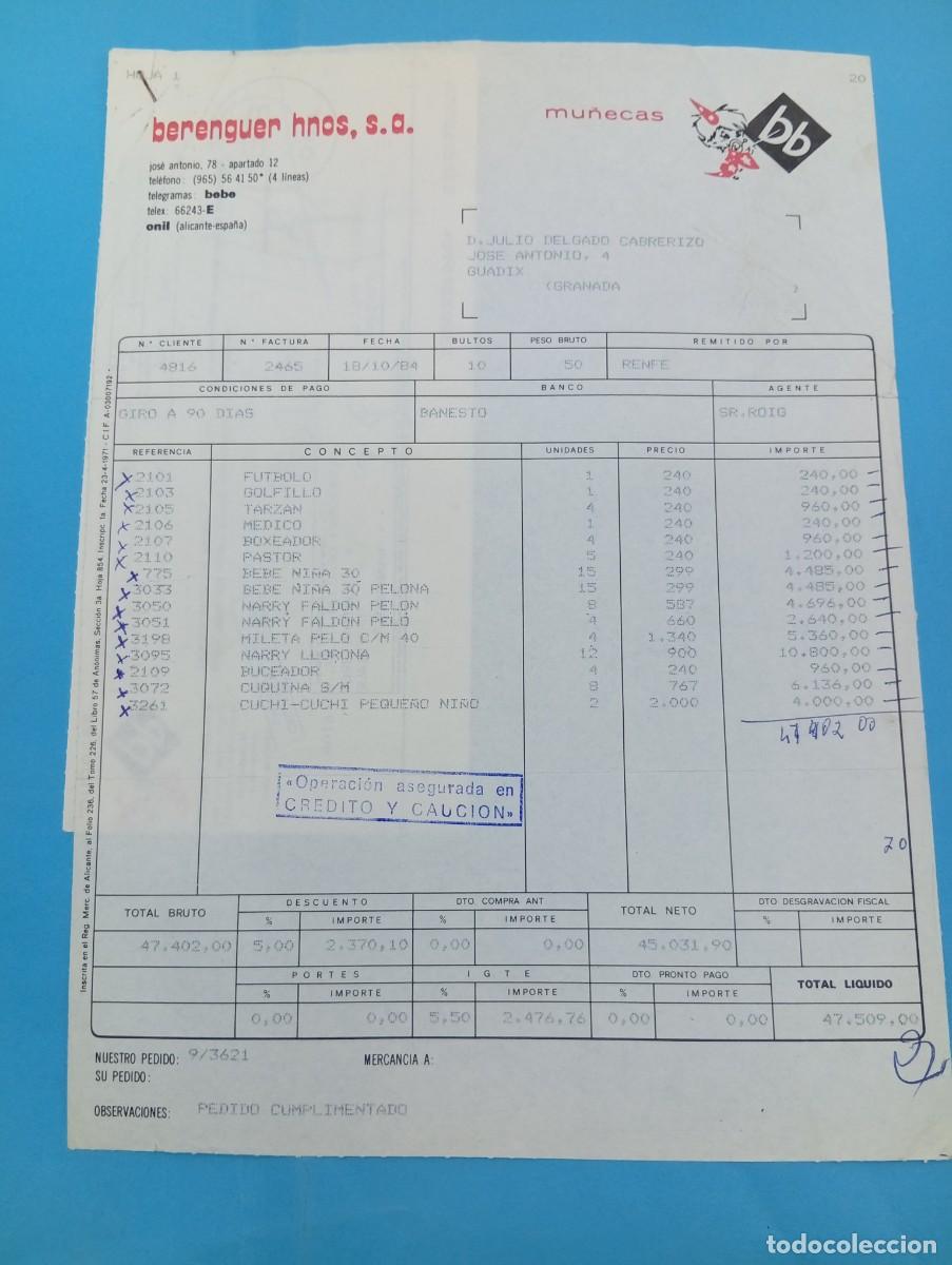 Juguetes antiguos: FACTURA Y LETRA DE CAMBIO DE JUGUETES. BERENGUER HNOS, S.A. MU&Ntilde;ECAS BB. ONIL, ALICANTE, 1984.