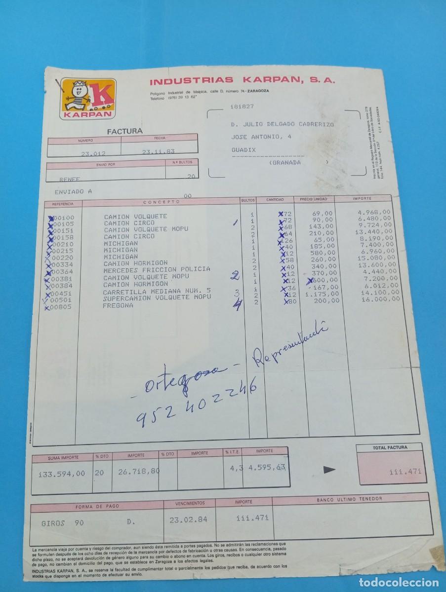 Juguetes antiguos: FACTURA Y LETRA DE CAMBIO DE JUGUETES. INDUSTRIAS KARPAN, S.A. ZARAGOZA, 1983.