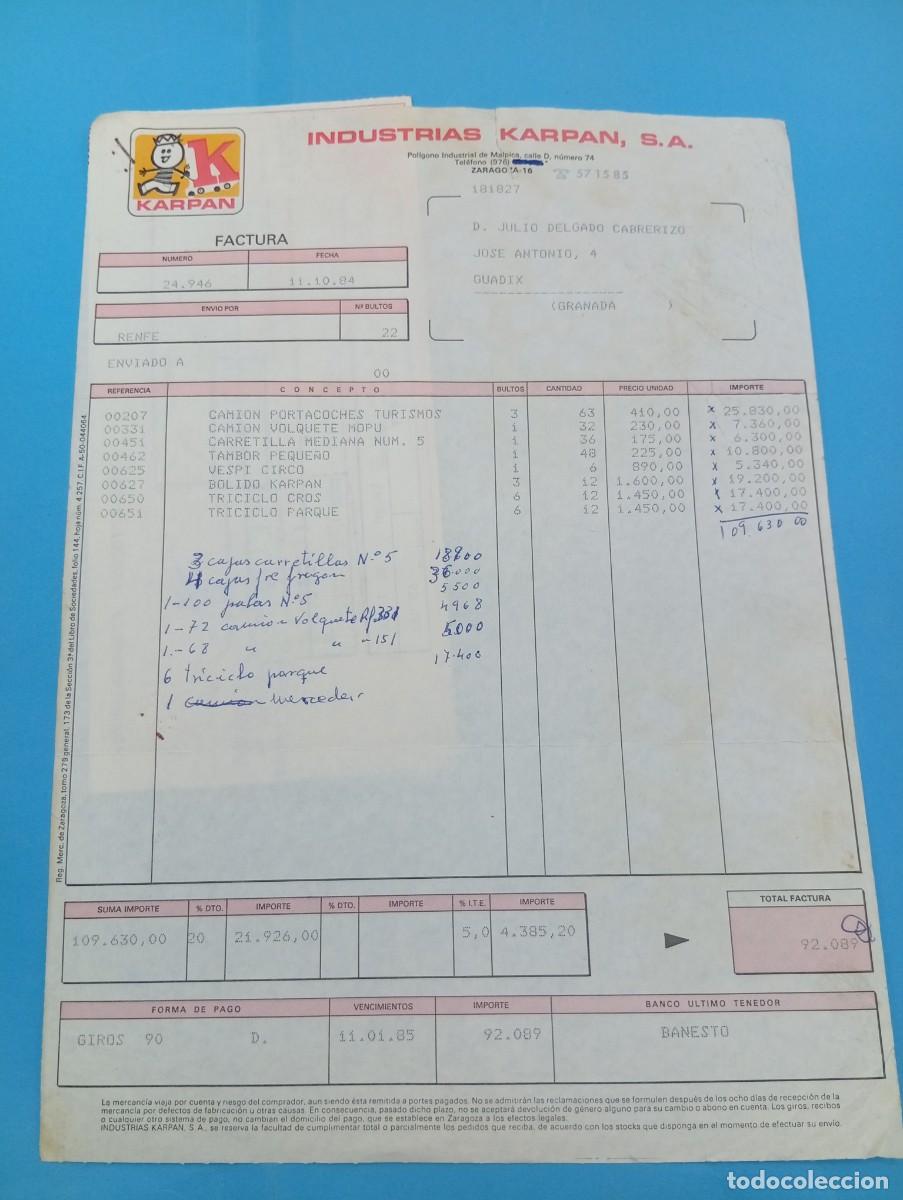 Juguetes antiguos: FACTURA Y LETRA DE CAMBIO DE JUGUETES. INDUSTRIAS KARPAN, S.A. ZARAGOZA, 1983.