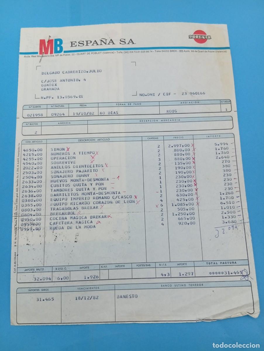 Juguetes antiguos: FACTURA Y LETRA DE CAMBIO DE JUGUETES. MB ESPA&Ntilde;A S.A. BREKAR. VALENCIA, 1982.