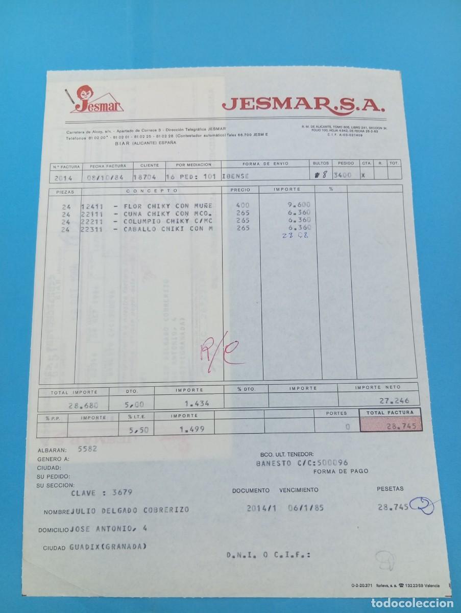 Juguetes antiguos: FACTURA Y LETRA DE CAMBIO DE JUGUETES. JESMAR, S.A. BIAR, ALICANTE, 1984.