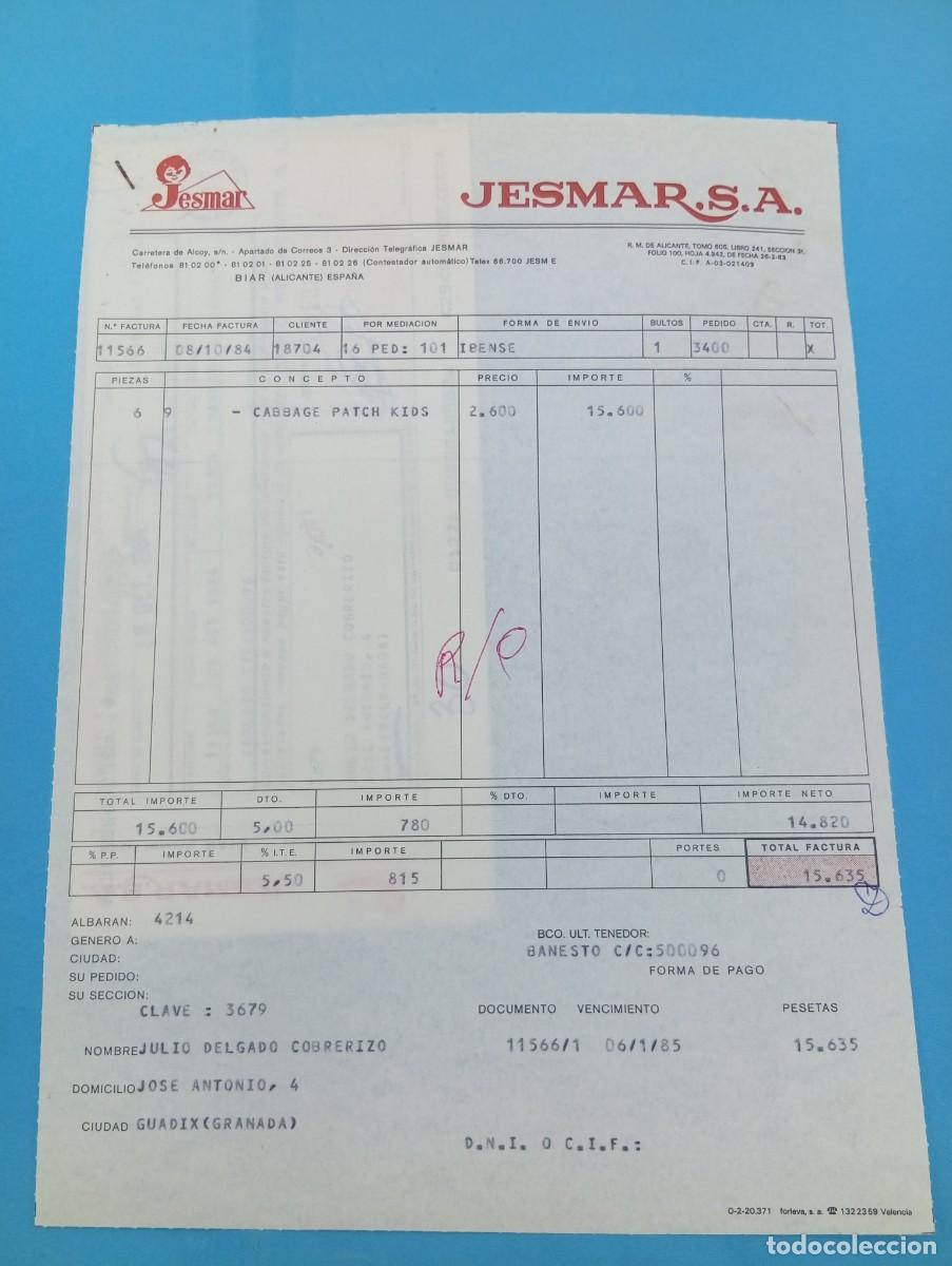 Juguetes antiguos: FACTURA Y LETRA DE CAMBIO DE JUGUETES. JESMAR, S.A. BIAR, ALICANTE, 1984.
