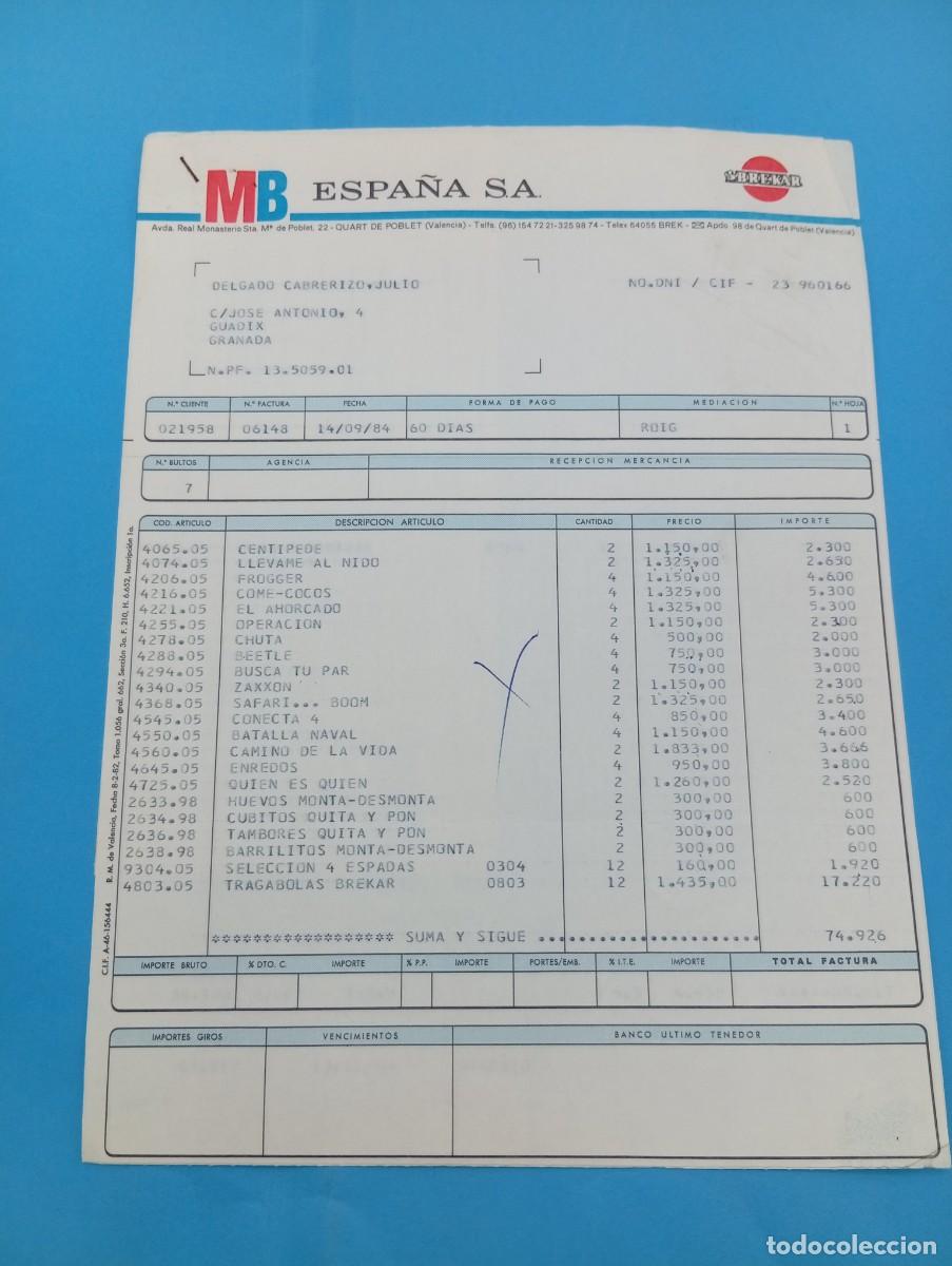 Juguetes antiguos: FACTURA Y LETRA DE CAMBIO DE JUGUETES. MB ESPA&Ntilde;A S.A. BREKAR. VALENCIA, 1984.