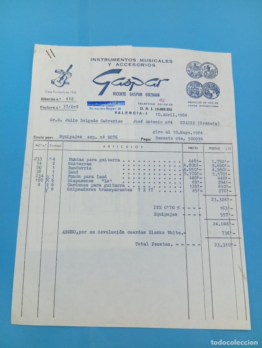 Juguetes antiguos: FACTURA Y LETRA DE CAMBIO DE JUGUETES. GASPAR. INSTRUMENTOS MUSICALES. VALENCIA, 1984.