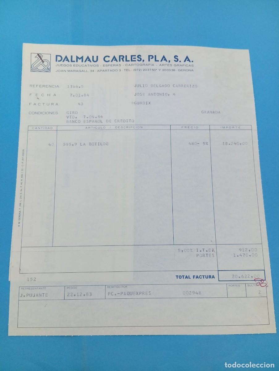 Juguetes antiguos: FACTURA Y LETRA DE CAMBIO DE JUGUETES. DALMAU CARLES, PLA, S.A. GERONA, 1984.