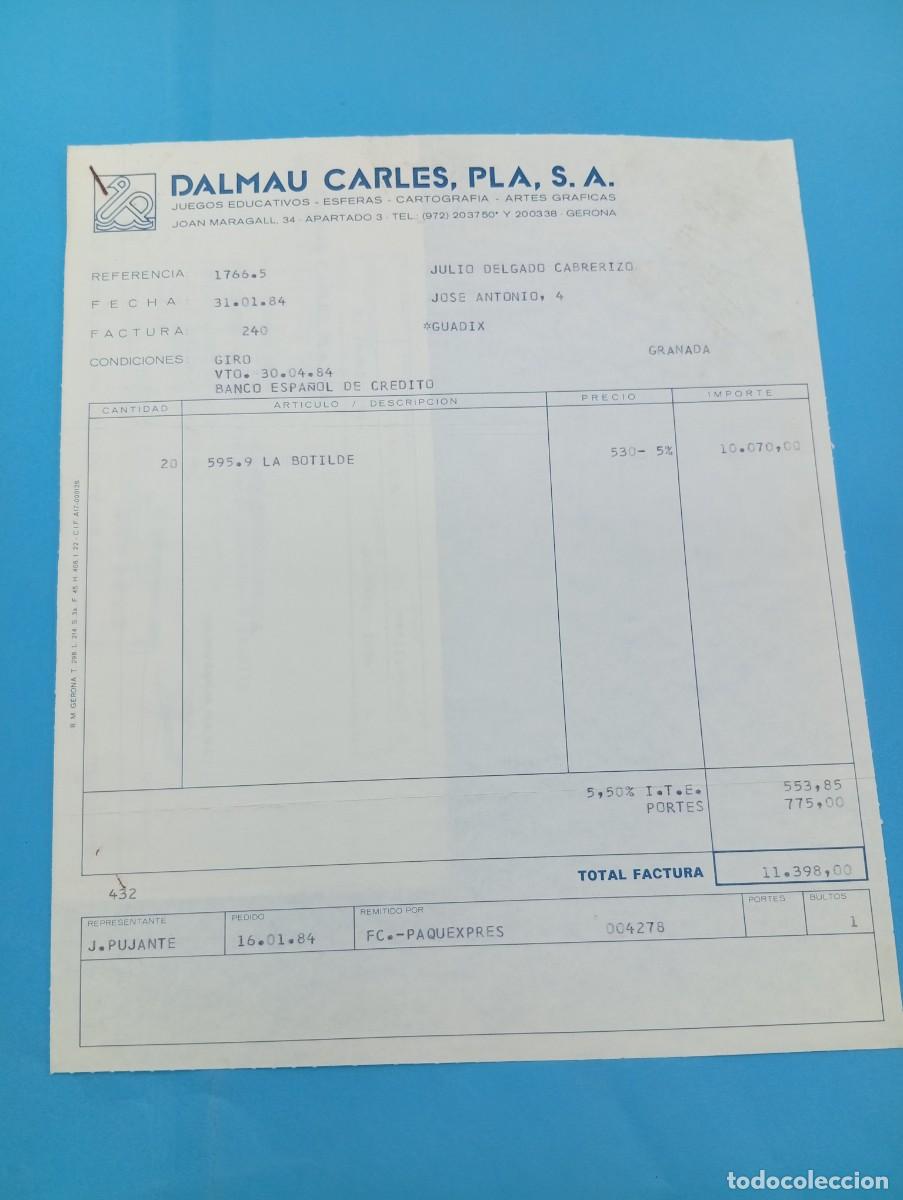 Juguetes antiguos: FACTURA Y LETRA DE CAMBIO DE JUGUETES. DALMAU CARLES, PLA, S.A. GERONA, 1984.
