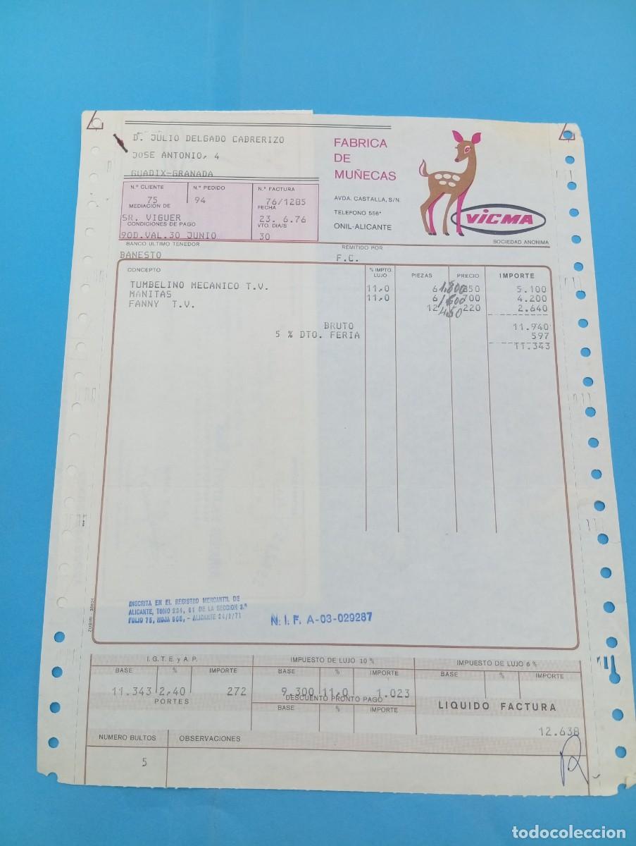 Juguetes antiguos: FACTURA Y LETRA DE CAMBIO DE JUGUETES. VICMA. FABRICA DE MU&Ntilde;ECAS. ONIL, ALICANTE, 1976.