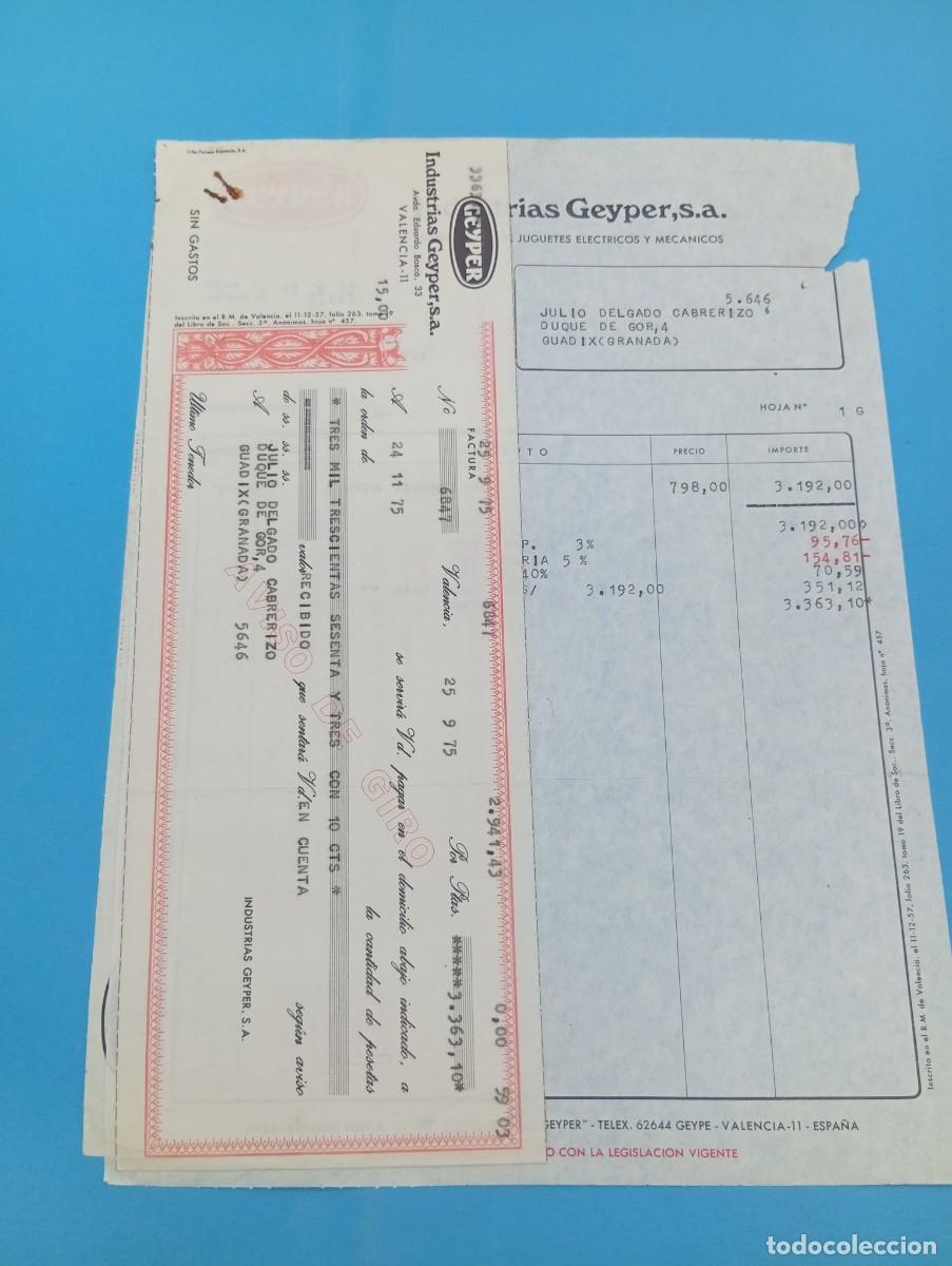 Juguetes antiguos: FACTURA Y LETRA DE CAMBIO DE JUGUETES. INDUSTRIAS GEYPER, S.A. JUGUETES ELECTRICOS. VALENCIA, 1975.