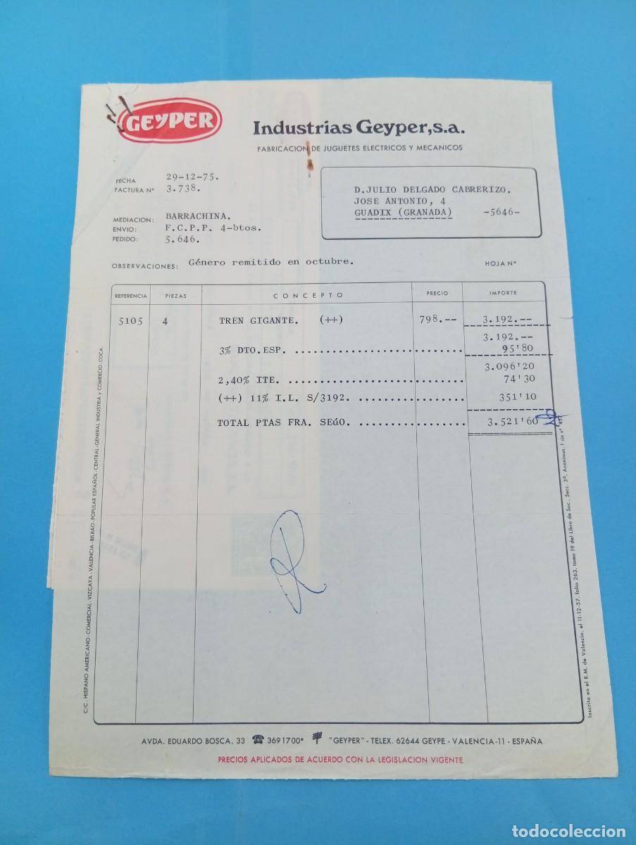 Juguetes antiguos: FACTURA Y LETRA DE CAMBIO DE JUGUETES. INDUSTRIAS GEYPER, S.A. JUGUETES ELECTRICOS. VALENCIA, 1975.