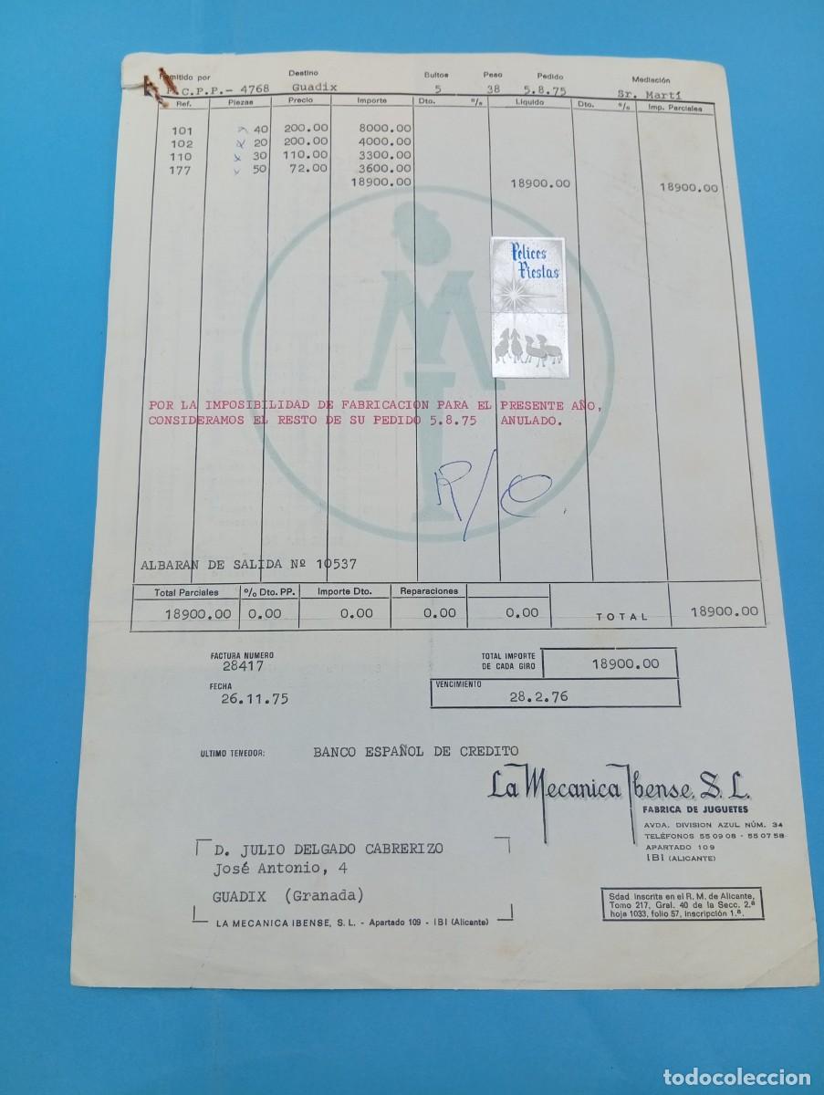 Juguetes antiguos: FACTURA Y LETRA DE CAMBIO DE JUGUETES. LA MECANICA IBENSE, S.L. IBI, ALICANTE, 1975.