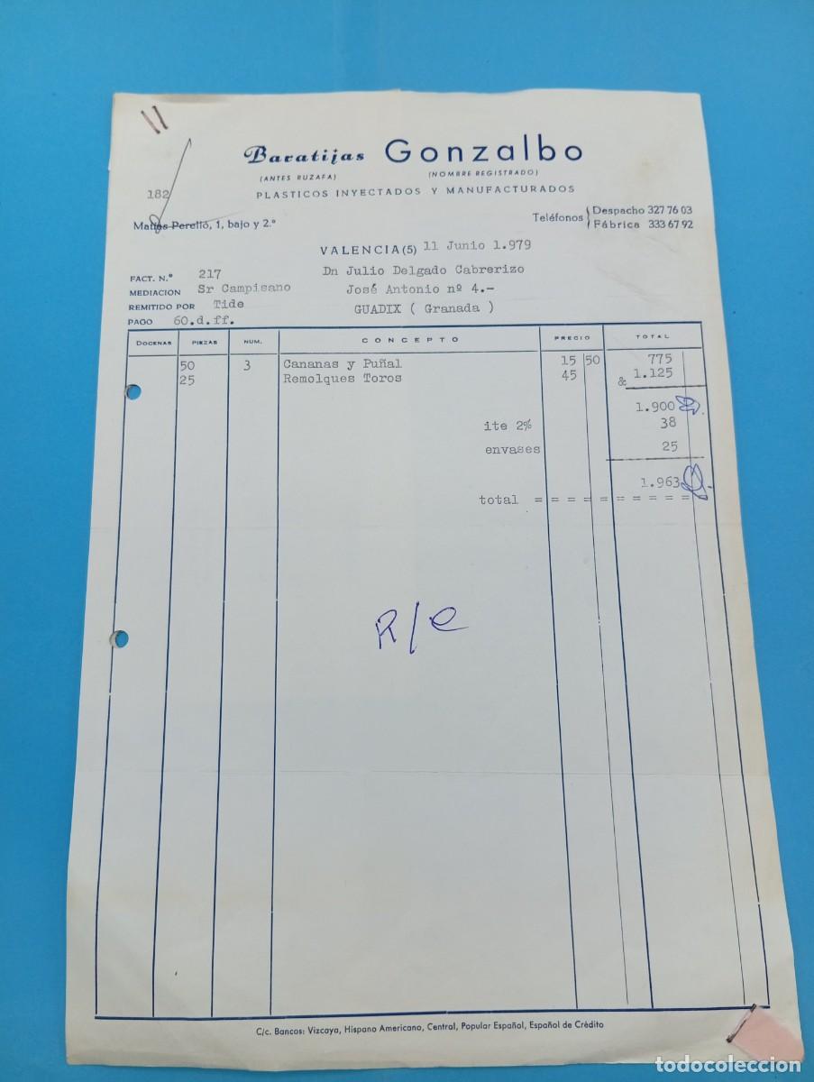 Juguetes antiguos: FACTURA Y LETRA DE CAMBIO DE JUGUETES. BARATIJAS GONZALBO. PLASTICOS INYECTADOS. VALENCIA, 1979.