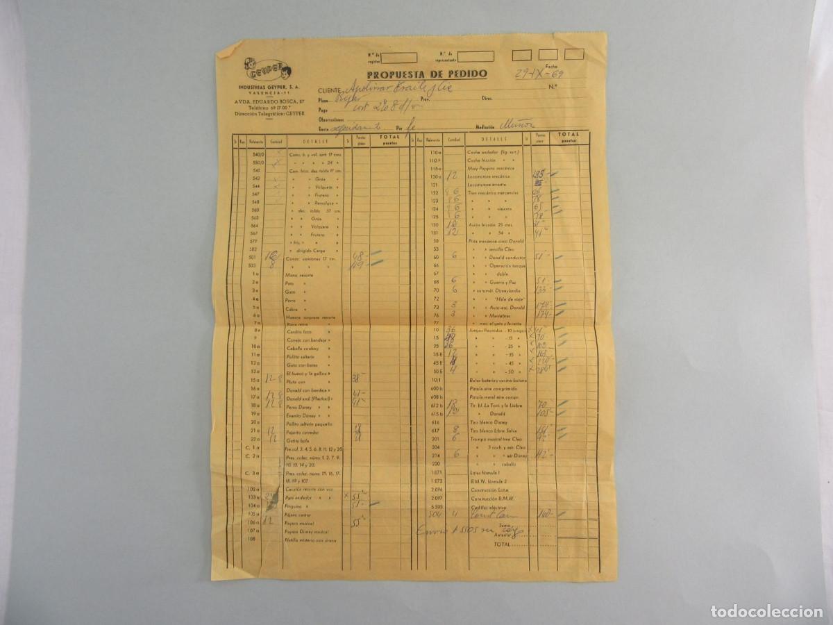 Juguetes antiguos: Propuesta de Pedido. Juguetes Geyper 1969.
