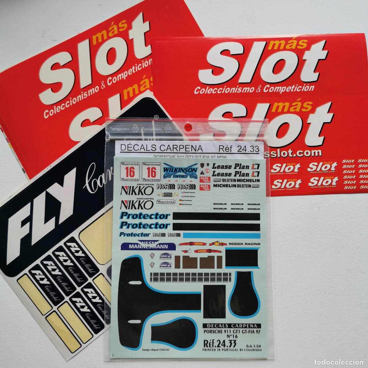 Juguetes antiguos: Lote adhesivos y decals slot &ndash; Carpena Porsche 911 GT1, Fly Car Model y M&aacute;s Slot