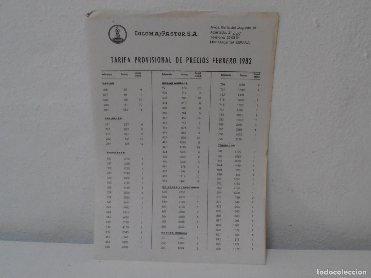 Juguetes antiguos: TARIFA DE PRECIOS, COLOMA Y PASTOR, 1983, ANTIGUA JUGUETERIA