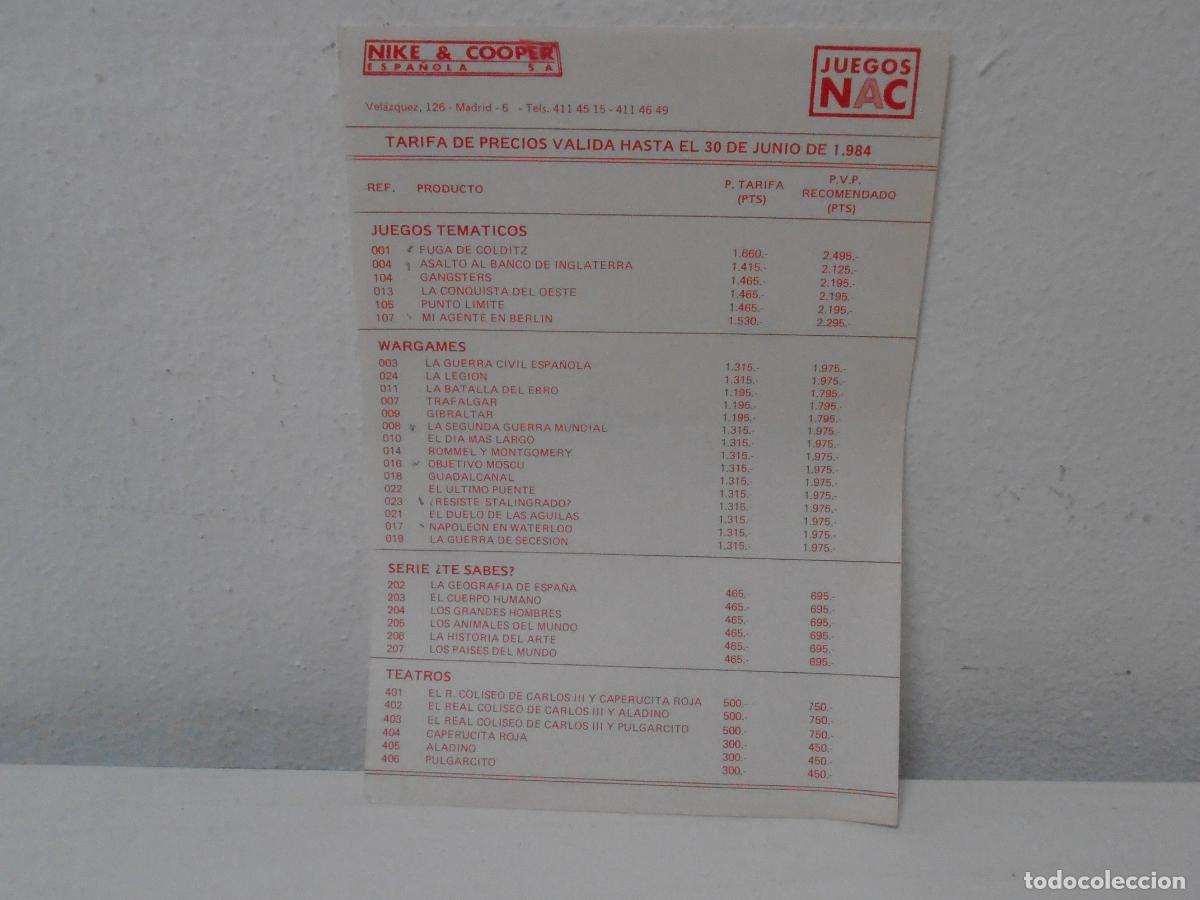 Juguetes antiguos: TARIFA PRECIOS TIENDA, JUEGOS NAC, 1984, ANTIGUA JUGUETERIA