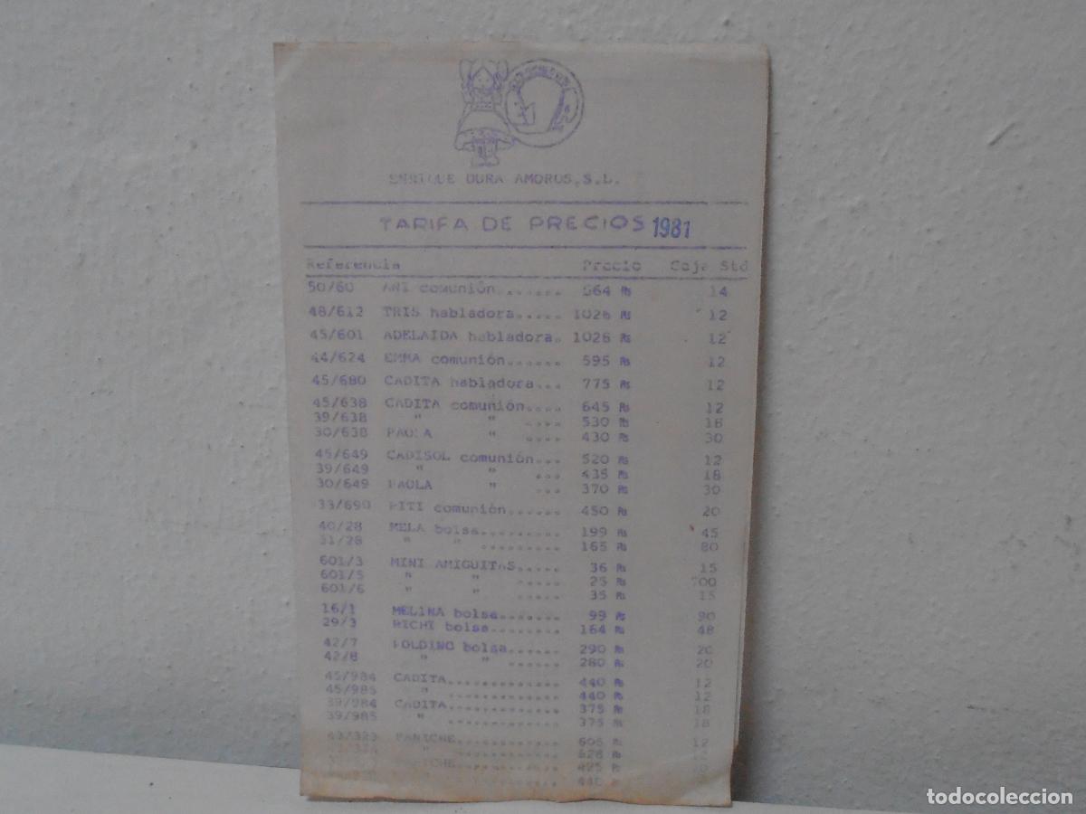 Juguetes antiguos: TARIFA PRECIOS TIENDA, MU&Ntilde;ECAS EDA ENRIQUE DURA AMOROS, 81, ANTIGUA JUGUETERIA