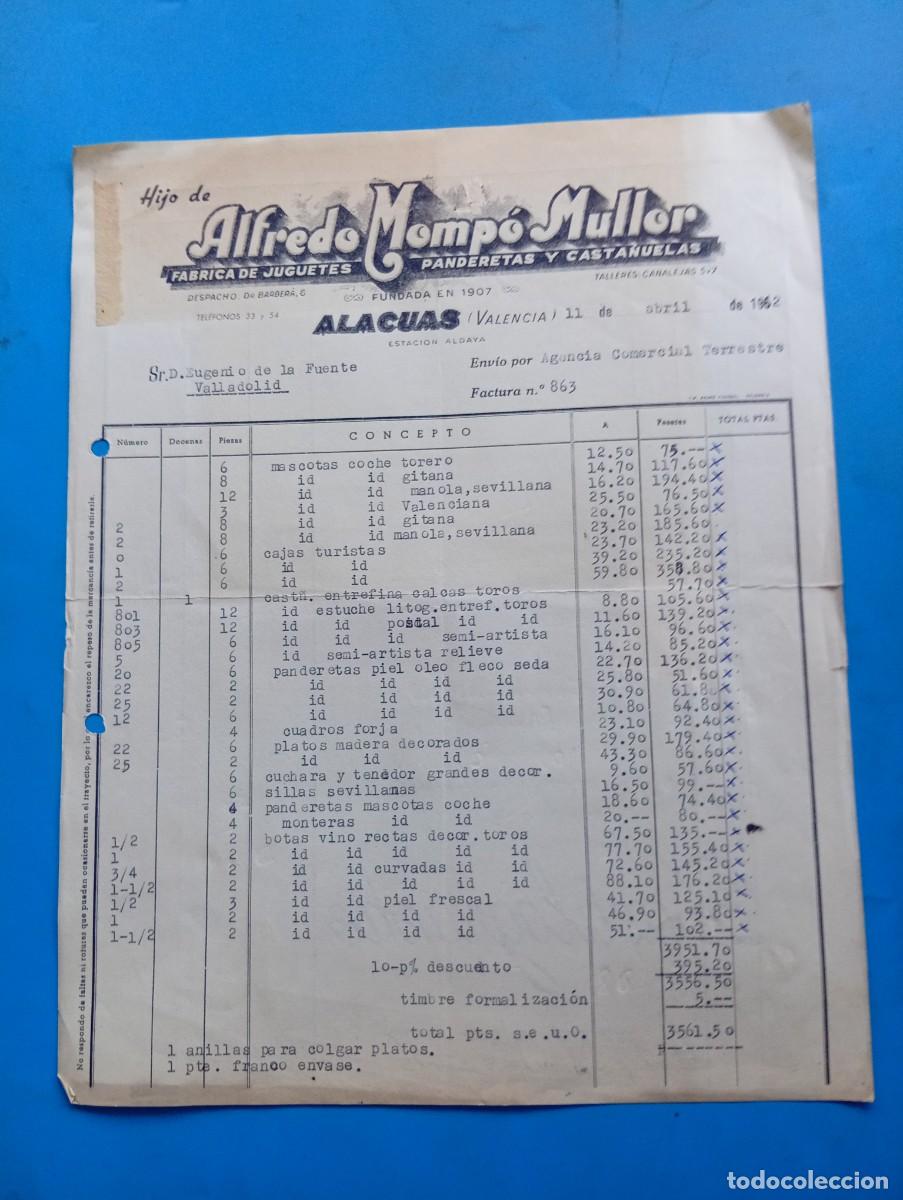 Juguetes antiguos: FACTURA DE JUGUETES. ALACU&Aacute;S, VALENCIA. 1962. F&Aacute;BRICA DE JUGUETES-PANDERETA-CASTA&Ntilde;UELAS. A. MOMP&Oacute;.