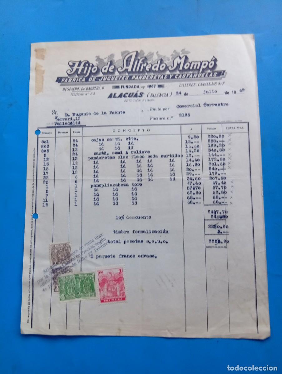 Juguetes antiguos: FACTURA DE JUGUETES. ALACU&Aacute;S, VALENCIA. 1962. F&Aacute;BRICA DE JUGUETES-PANDERETAS. HIJOS DE A. MOMP&Oacute;.