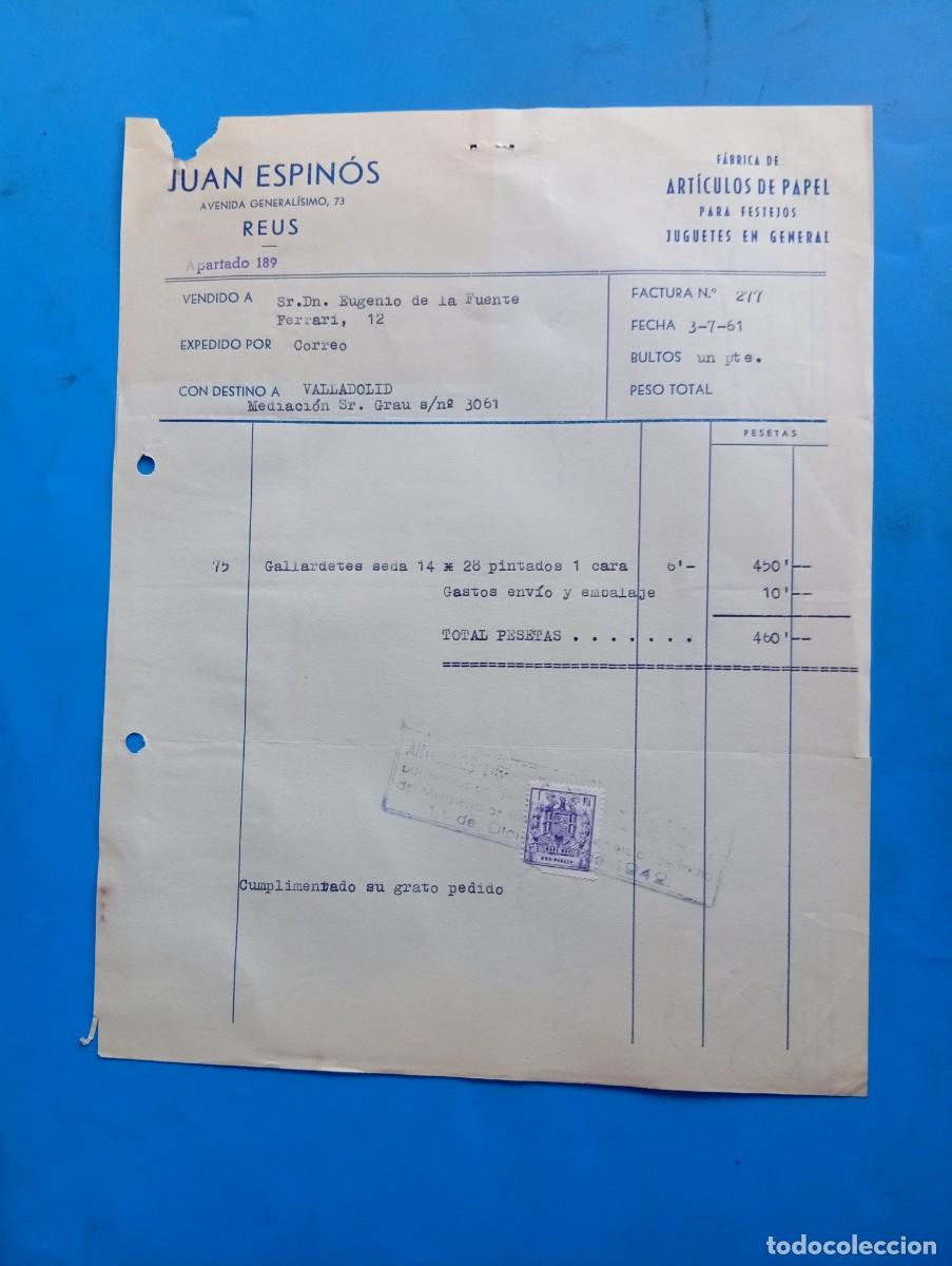Juguetes antiguos: FACTURA DE JUGUETES. REUS. 1961. F&Aacute;BRICA DE ART&Iacute;CULOS PAPEL. JUGUETES EN GENERAL. JUAN ESPIN&Oacute;S.