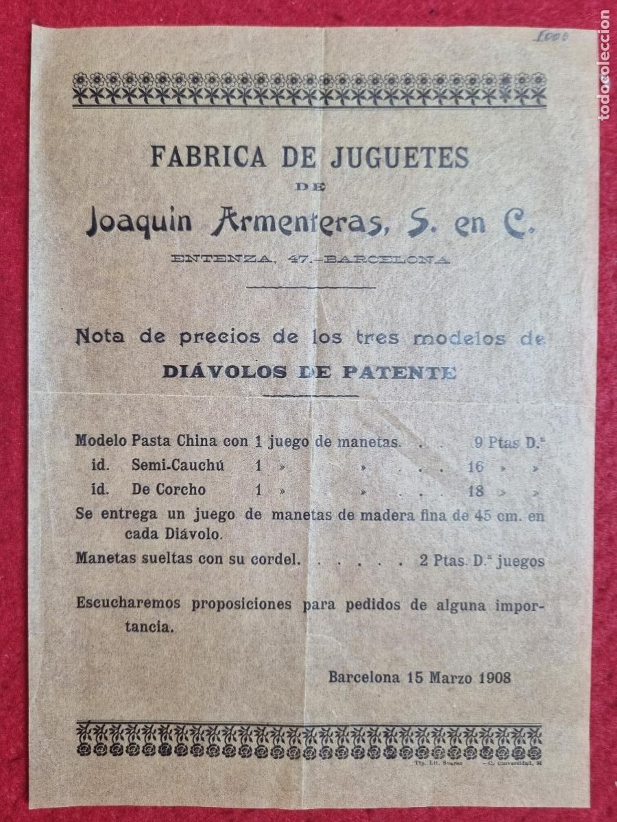 Juguetes antiguos: PAPEL PUBLICIDAD FABRICA DE JUGUETES JOAQUIN ARMENTERAS BARCELONA 1908 ORIGINAL KV1