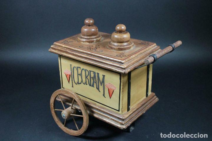 Juguetes antiguos y juegos de colecci&oacute;n: PRECIOSO Y ANTIGUO CARRITO CARRO HELADOS MADERA HIERRO HOJALATA 33 x 28 x 35 cm. MODERNISTA